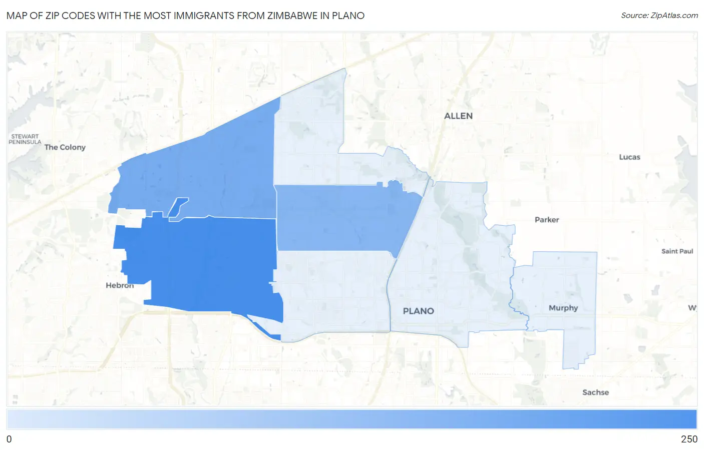 Zip Codes with the Most Immigrants from Zimbabwe in Plano Map