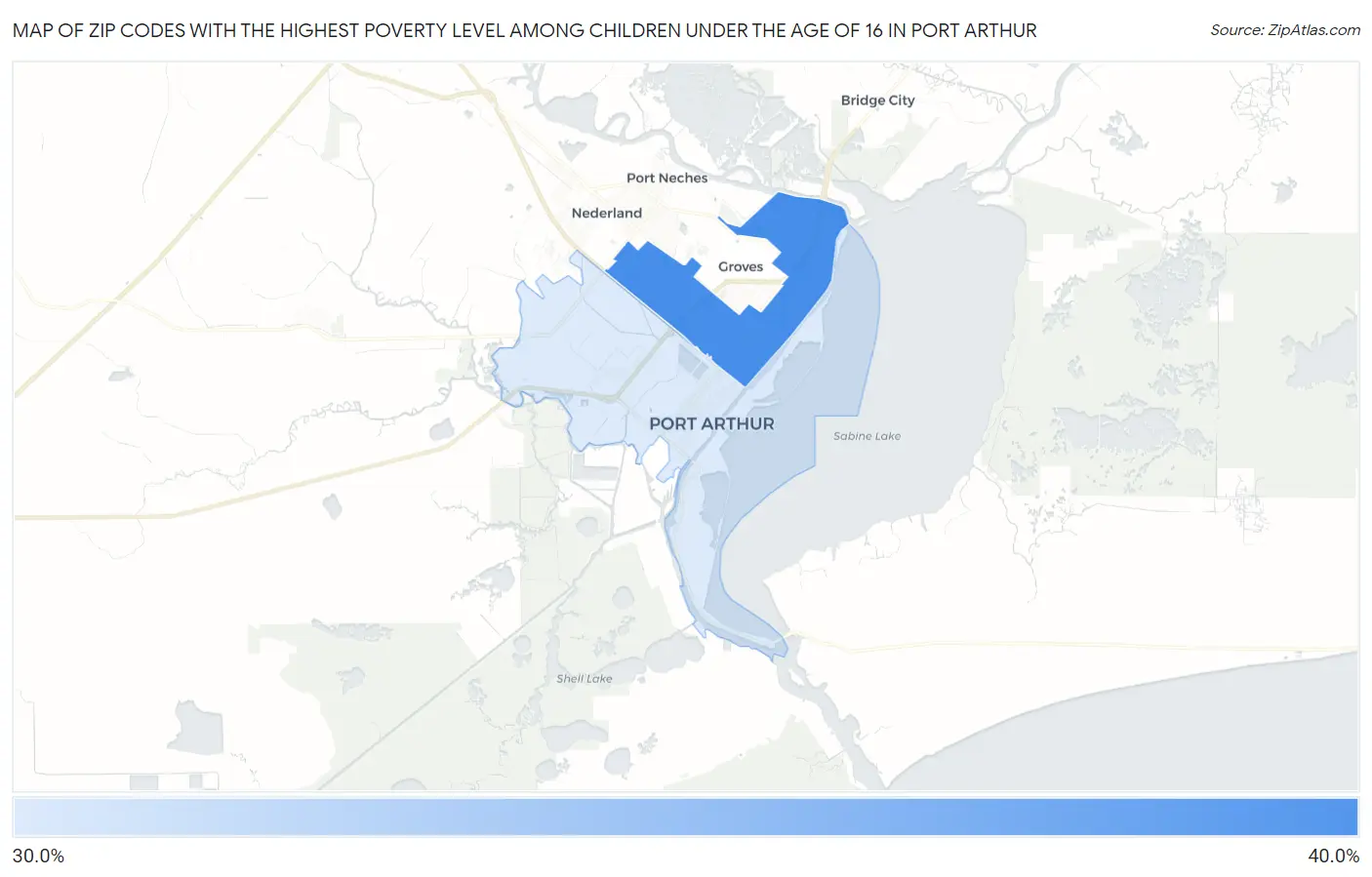 Zip Codes with the Highest Poverty Level Among Children Under the Age of 16 in Port Arthur Map