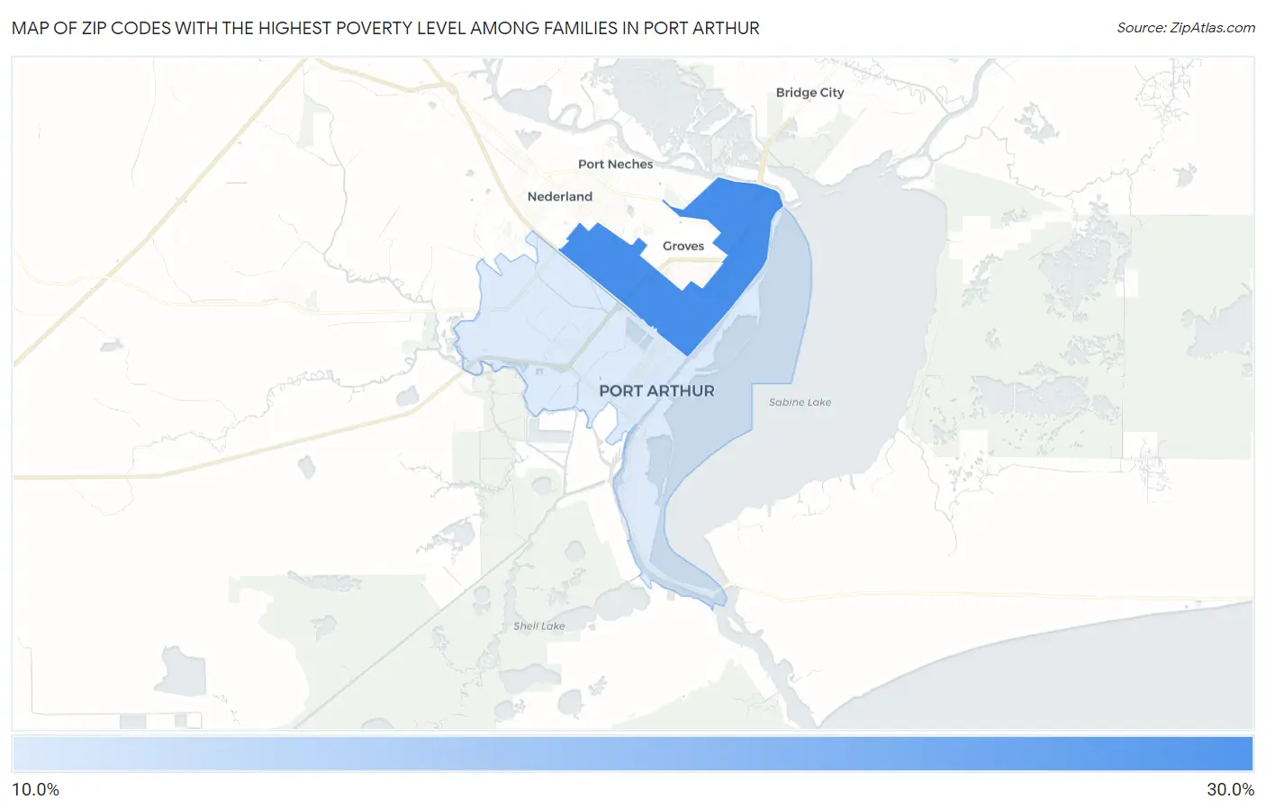 Zip Codes with the Highest Poverty Level Among Families in Port Arthur Map