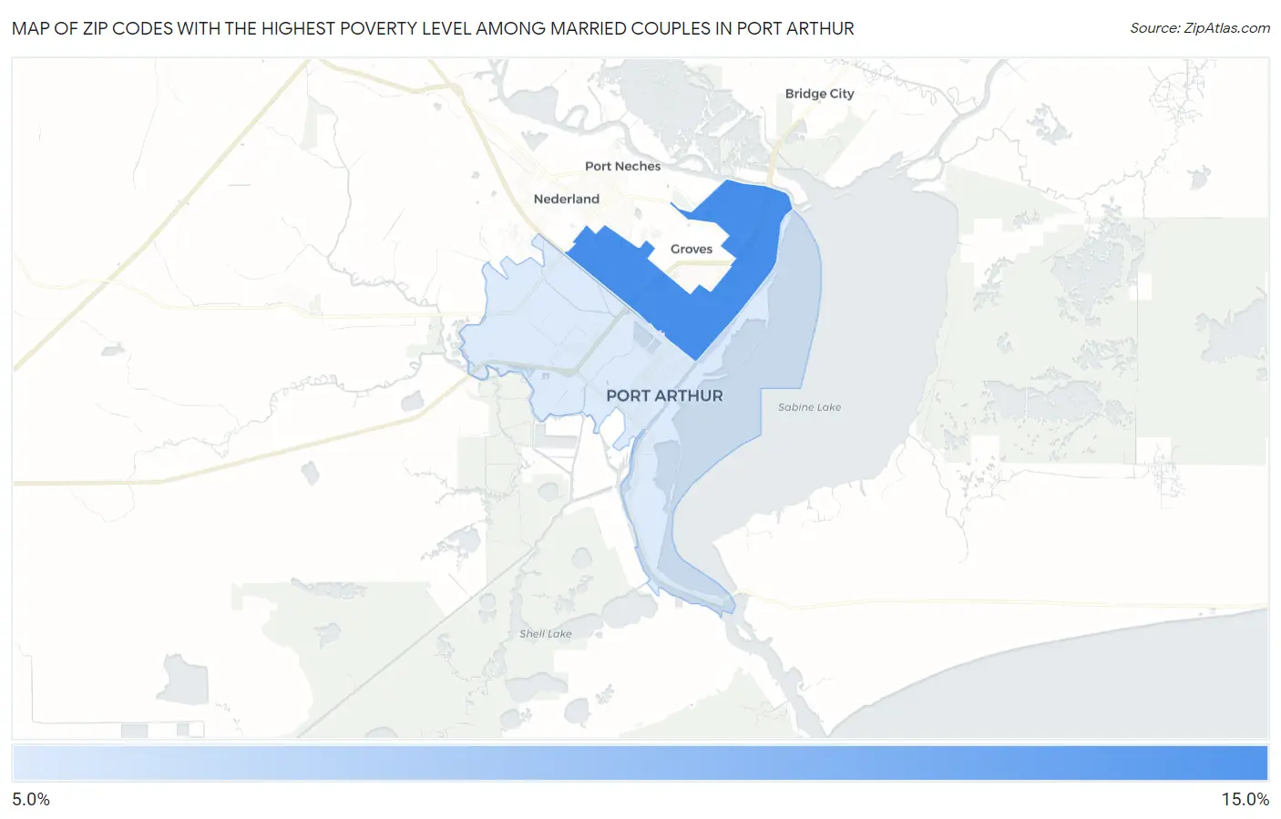 Zip Codes with the Highest Poverty Level Among Married Couples in Port Arthur Map