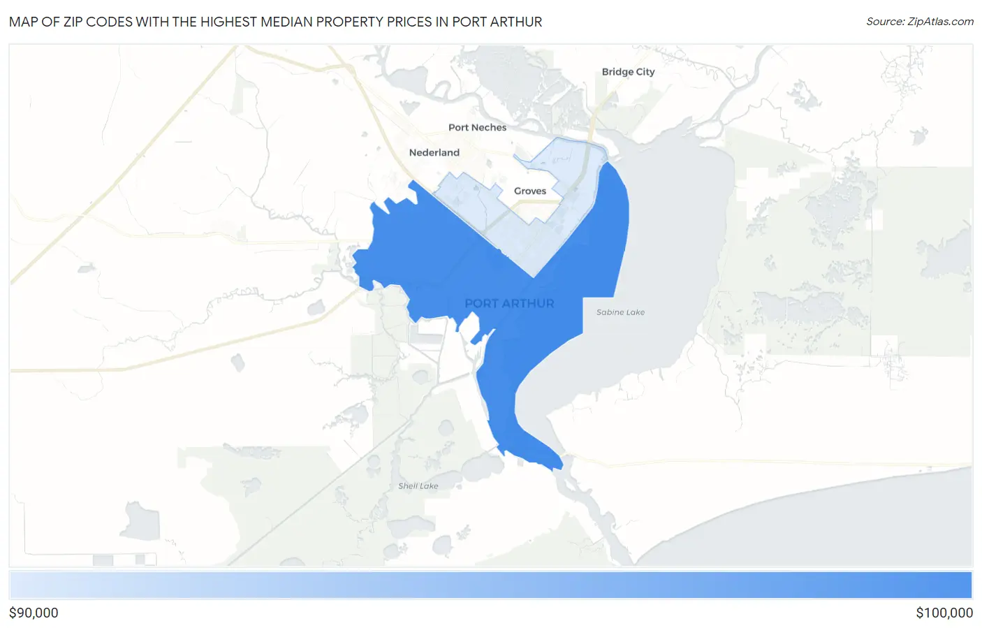 Zip Codes with the Highest Median Property Prices in Port Arthur Map