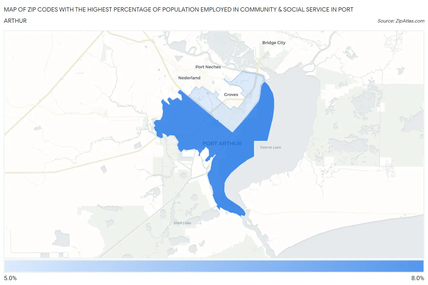 Zip Codes with the Highest Percentage of Population Employed in Community & Social Service  in Port Arthur Map