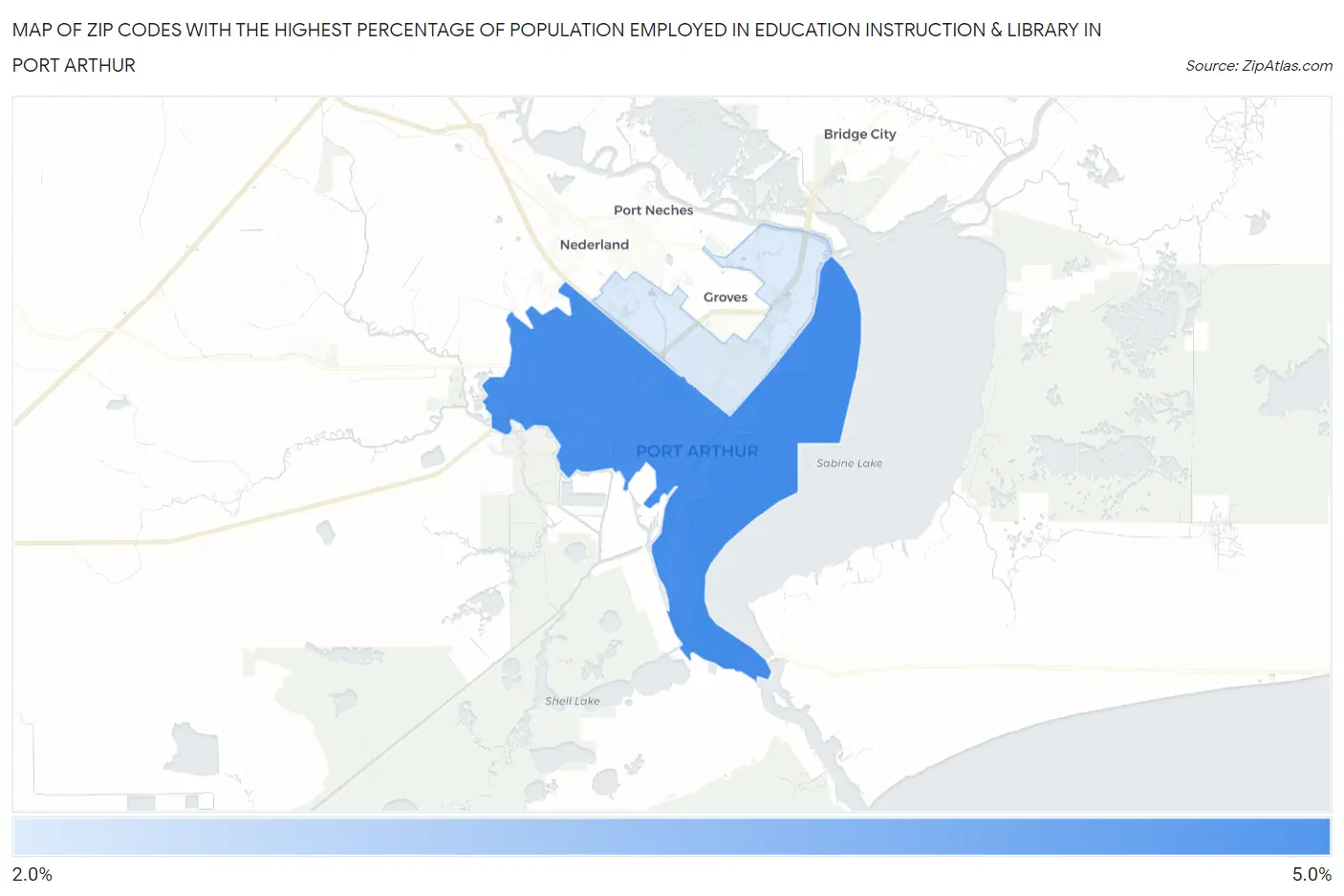 Zip Codes with the Highest Percentage of Population Employed in Education Instruction & Library in Port Arthur Map