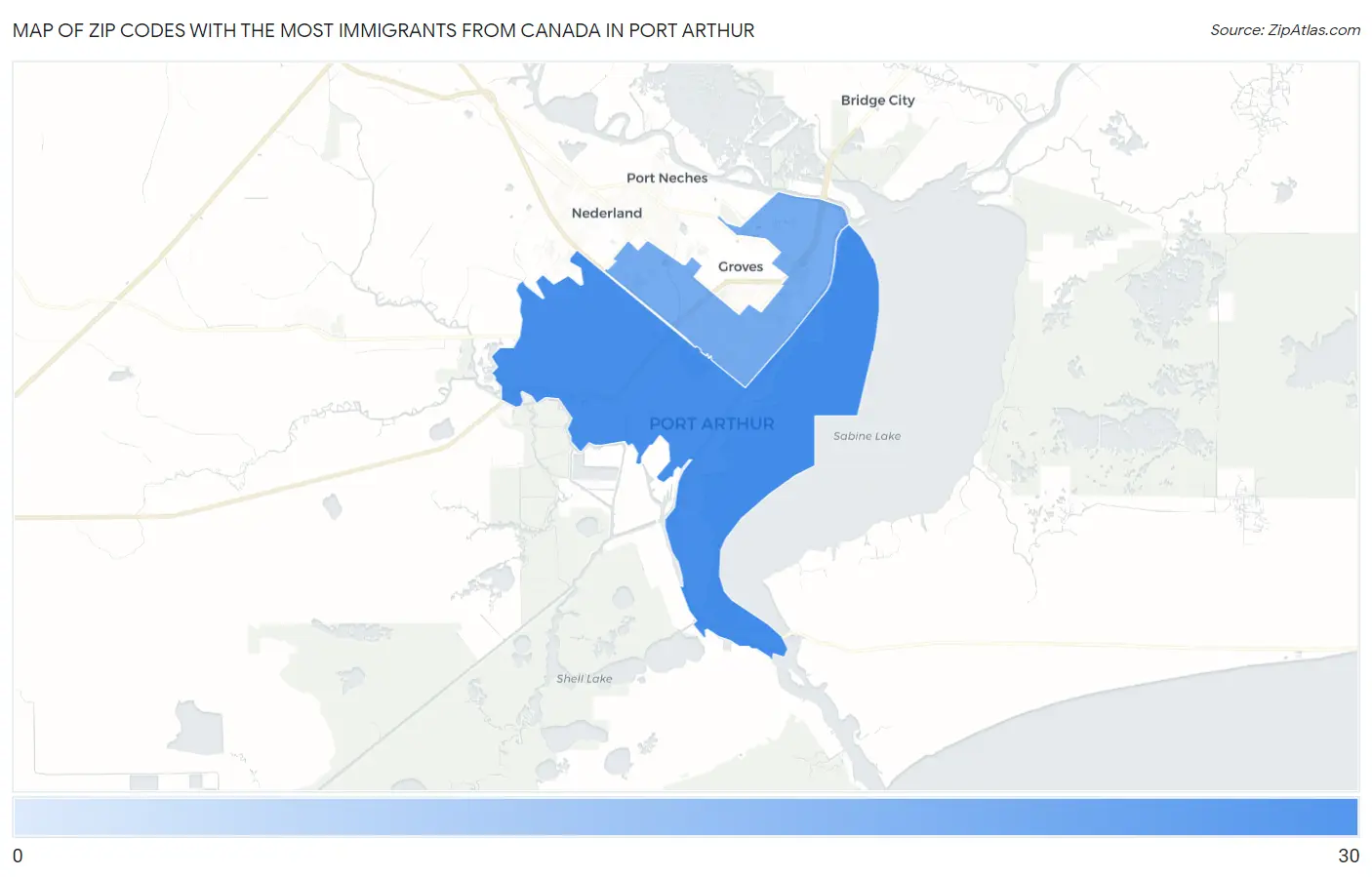 Zip Codes with the Most Immigrants from Canada in Port Arthur Map