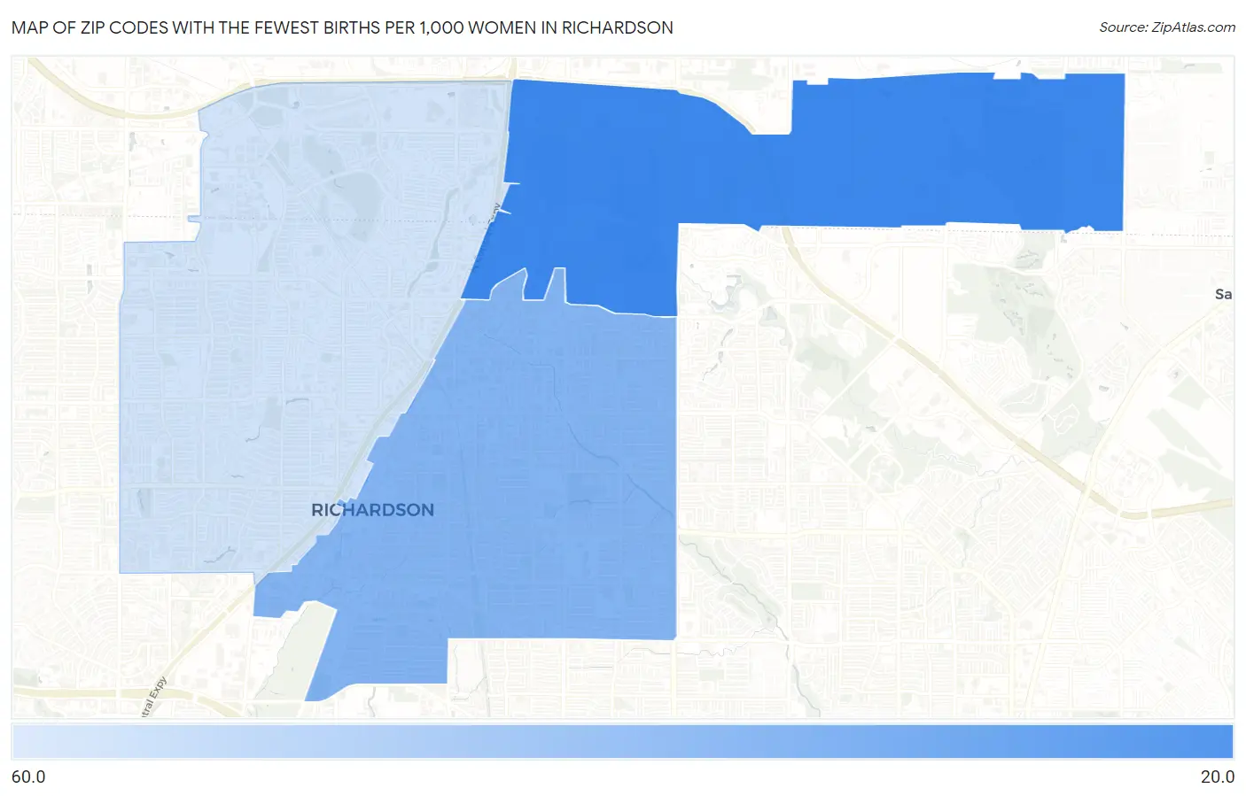 Zip Codes with the Fewest Births per 1,000 Women in Richardson Map
