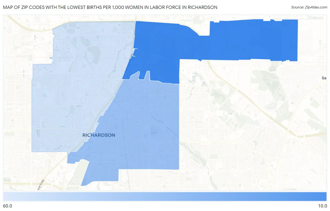 Zip Codes with the Lowest Births per 1,000 Women in Labor Force in Richardson Map