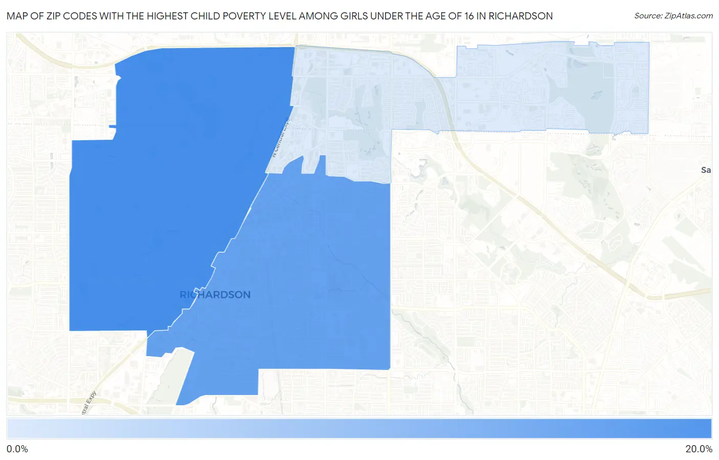 Zip Codes with the Highest Child Poverty Level Among Girls Under the Age of 16 in Richardson Map