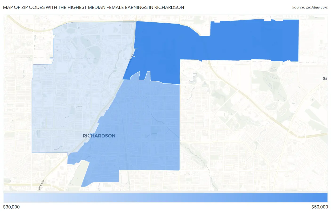 Zip Codes with the Highest Median Female Earnings in Richardson Map