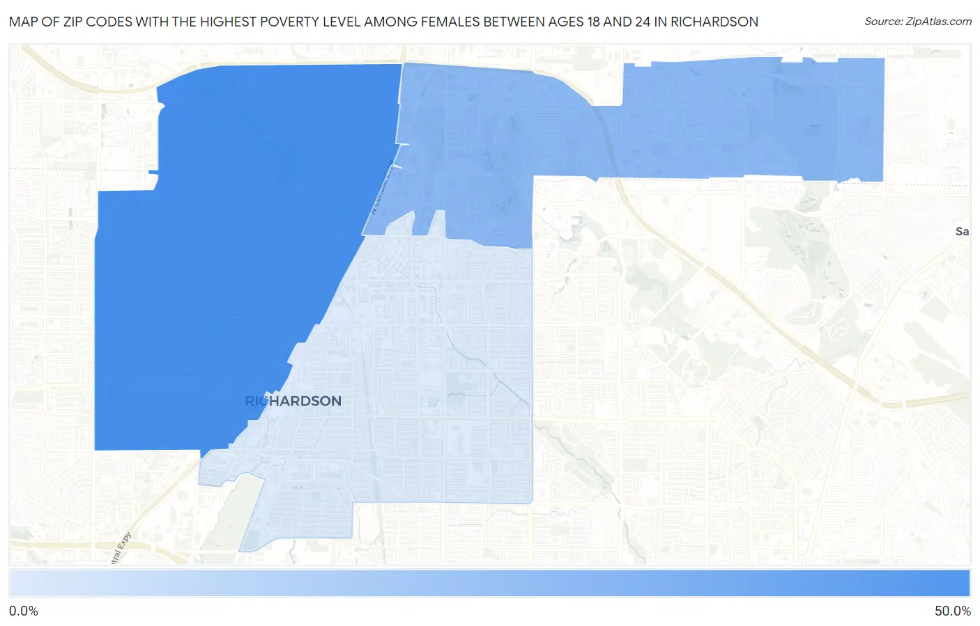 Zip Codes with the Highest Poverty Level Among Females Between Ages 18 and 24 in Richardson Map
