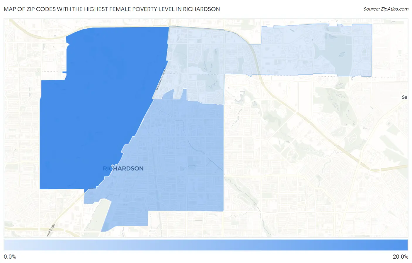 Zip Codes with the Highest Female Poverty Level in Richardson Map