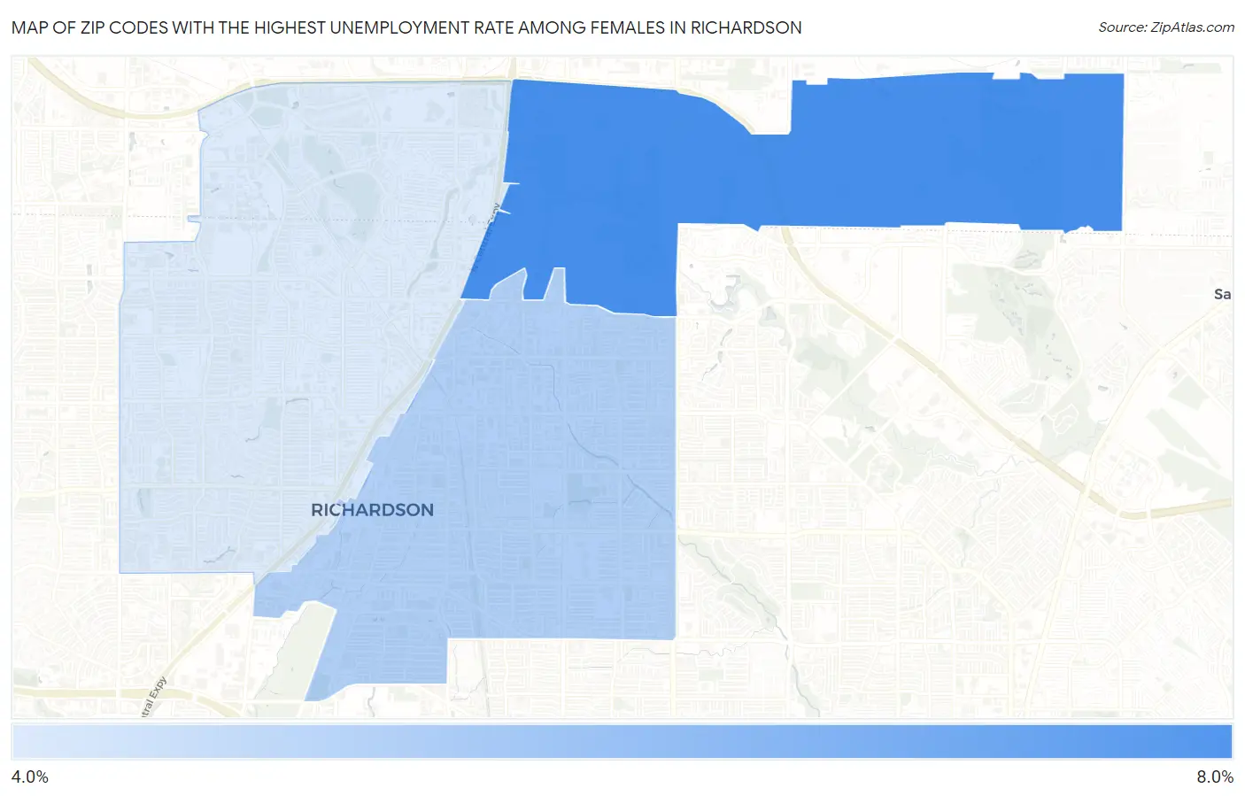 Zip Codes with the Highest Unemployment Rate Among Females in Richardson Map