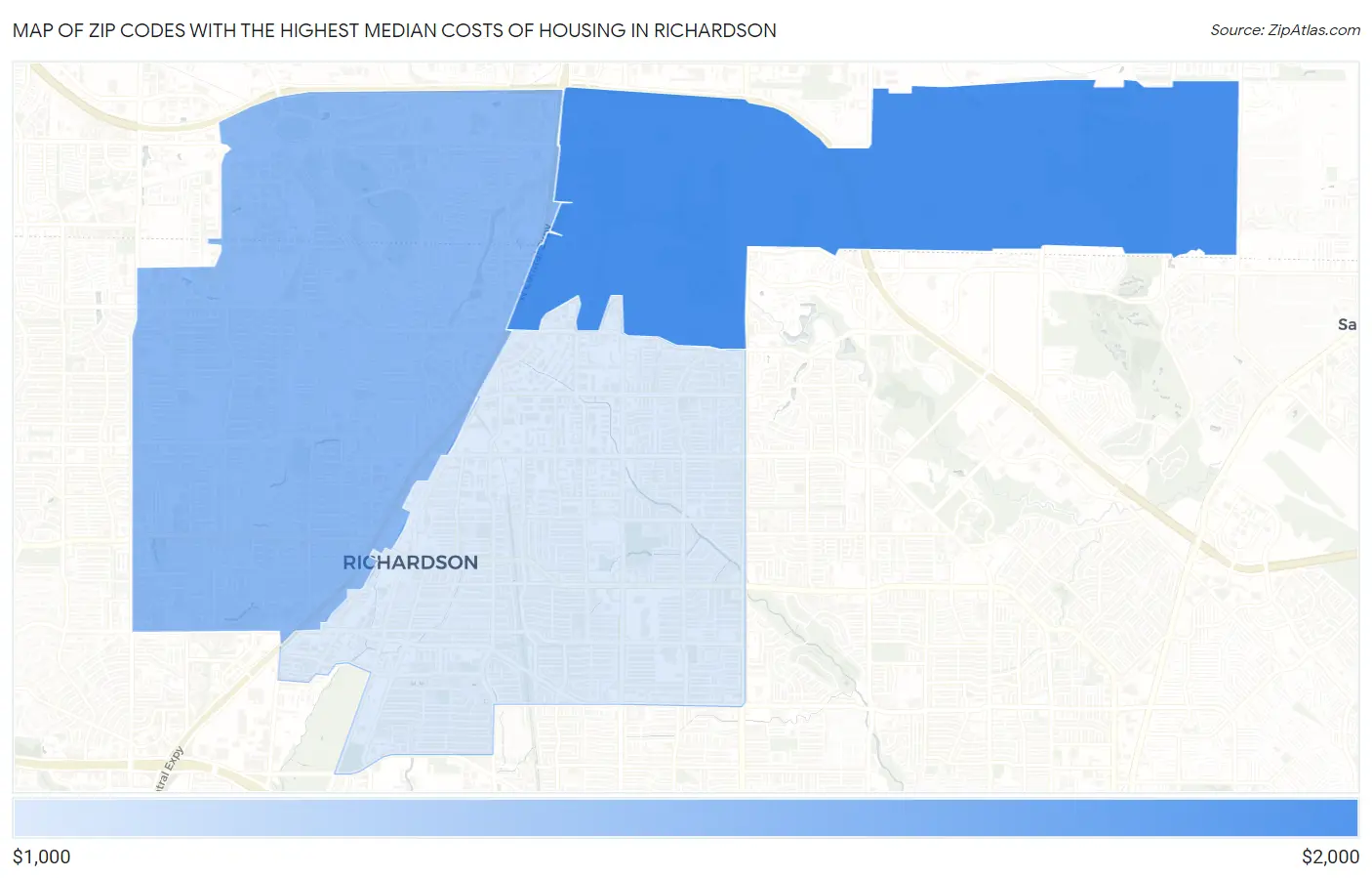 Zip Codes with the Highest Median Costs of Housing in Richardson Map