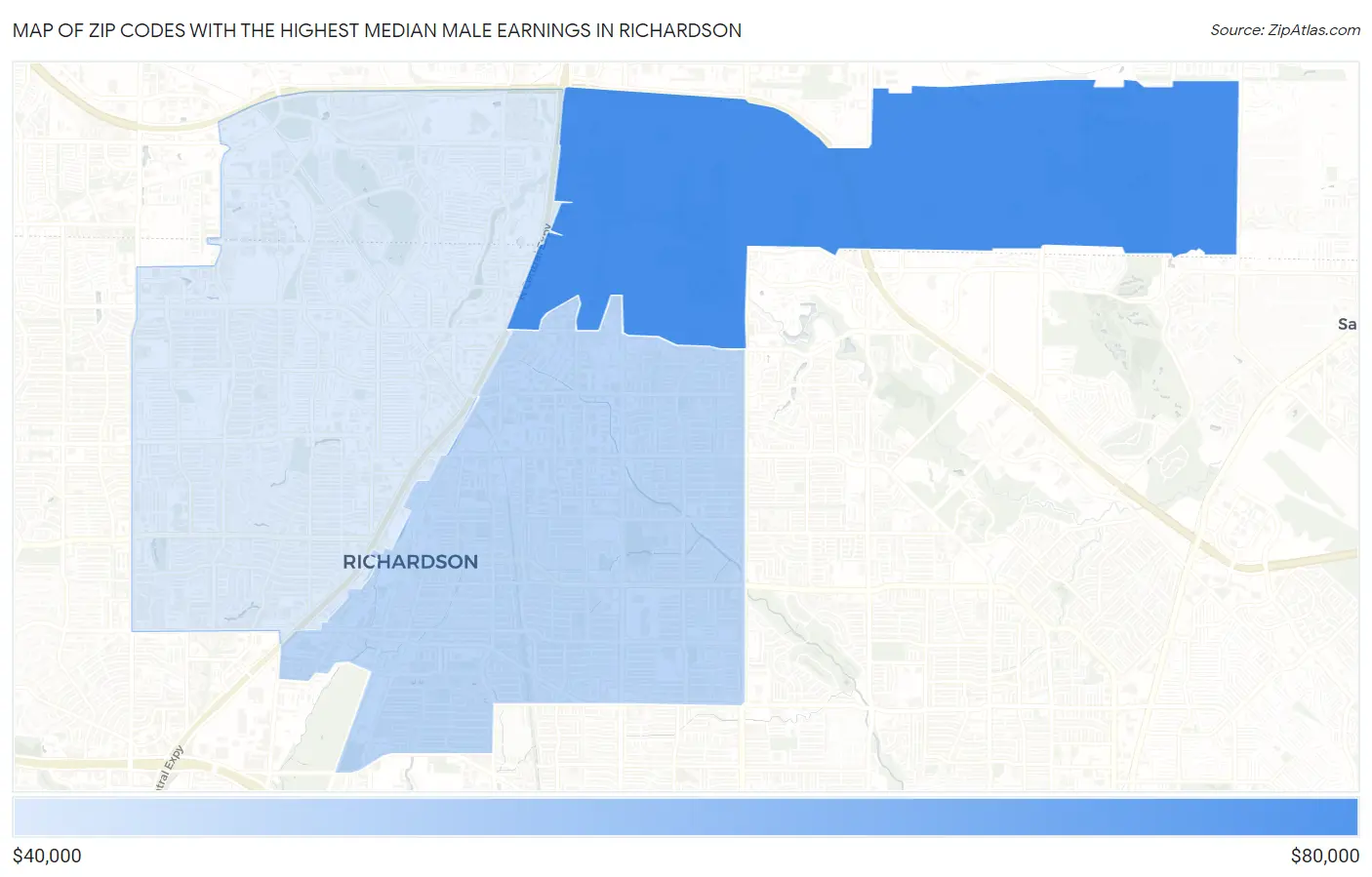 Zip Codes with the Highest Median Male Earnings in Richardson Map