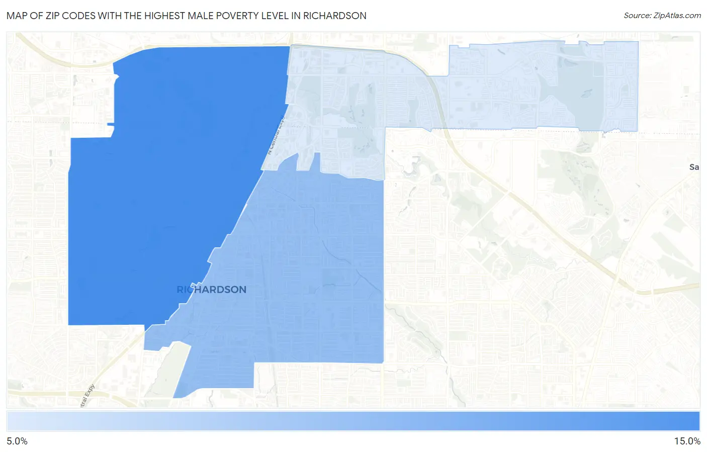 Zip Codes with the Highest Male Poverty Level in Richardson Map