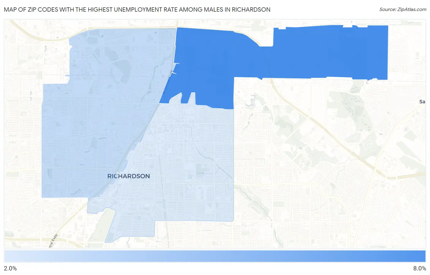 Zip Codes with the Highest Unemployment Rate Among Males in Richardson Map