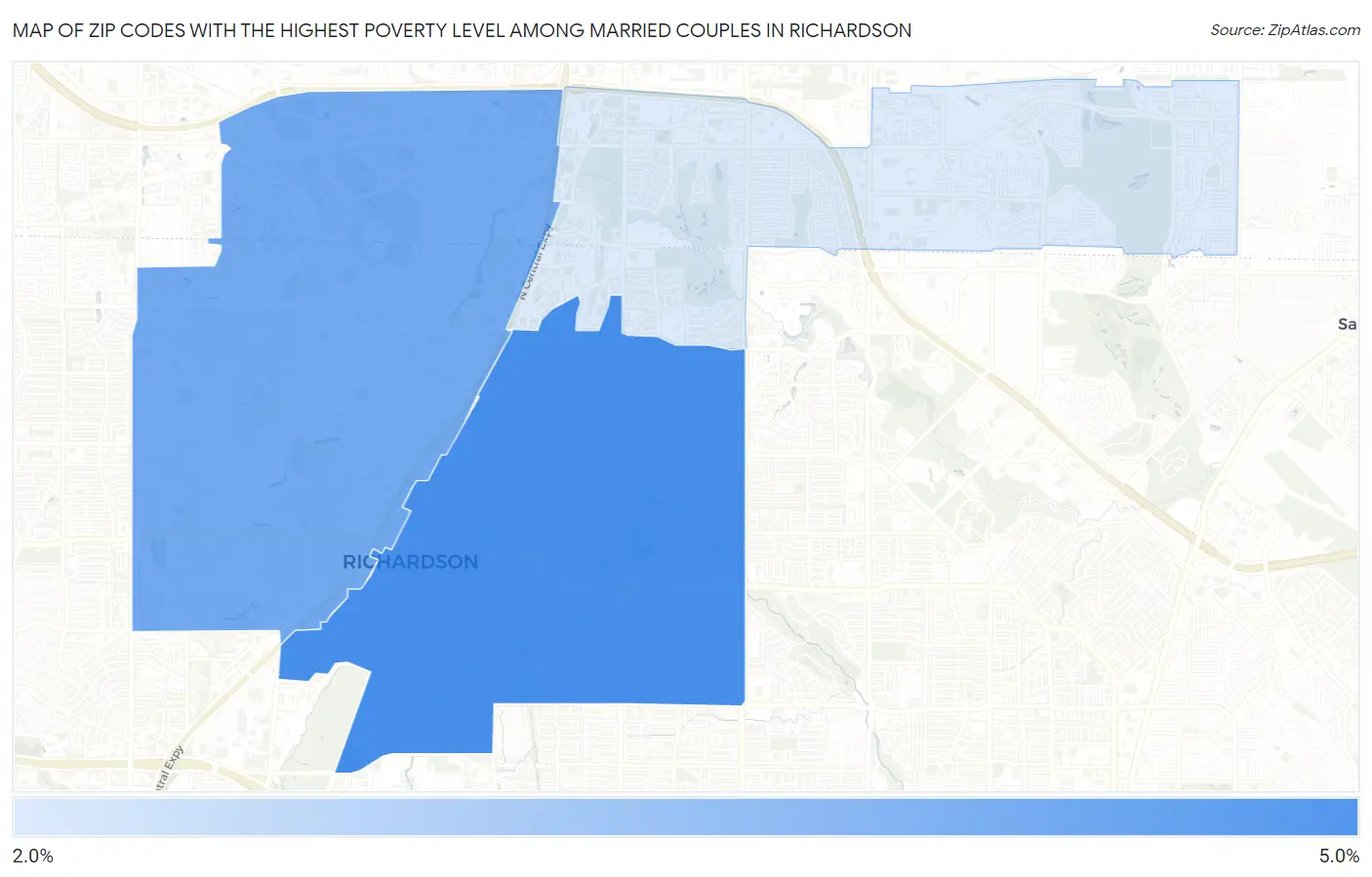 Zip Codes with the Highest Poverty Level Among Married Couples in Richardson Map