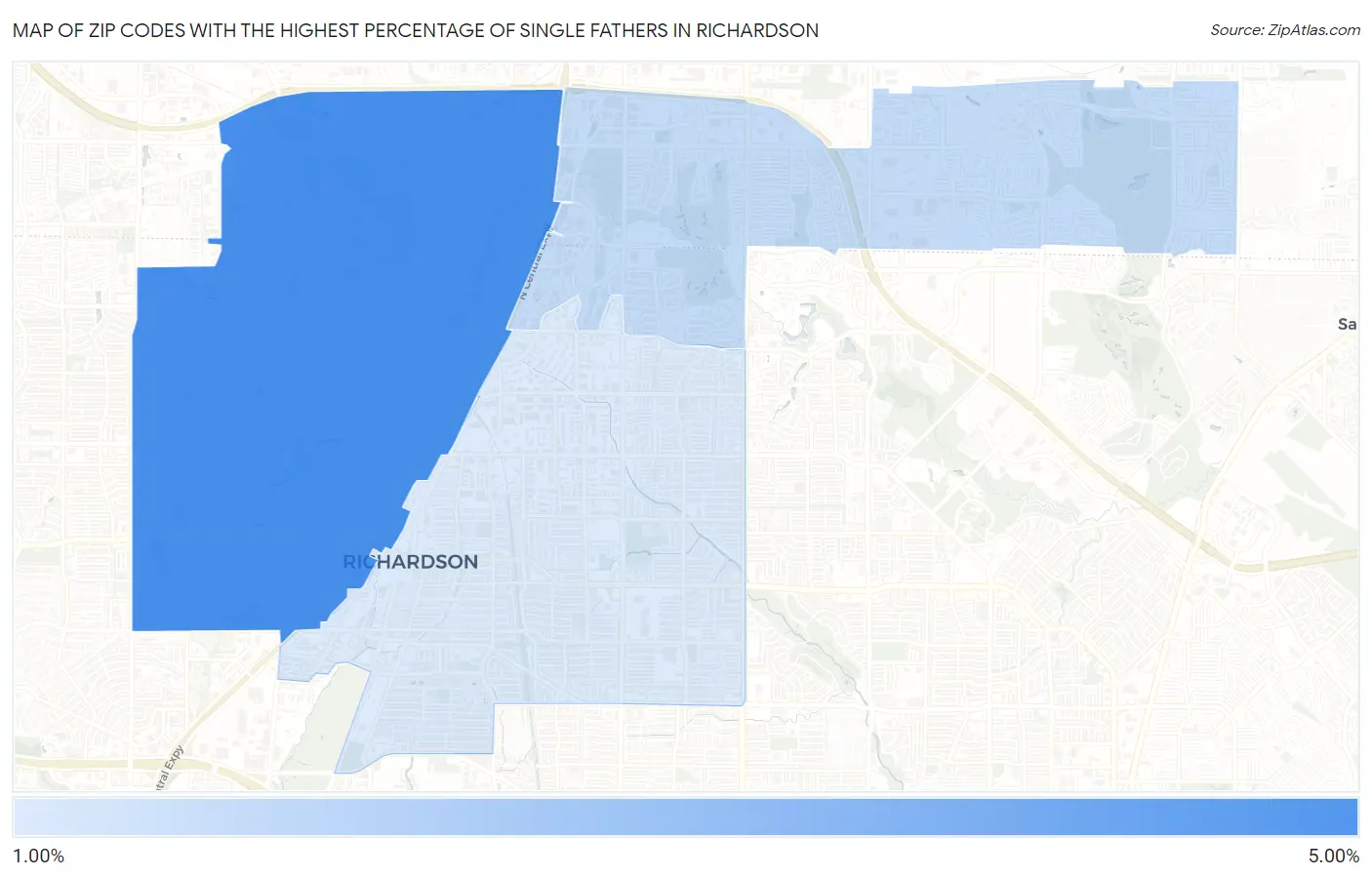 Zip Codes with the Highest Percentage of Single Fathers in Richardson Map