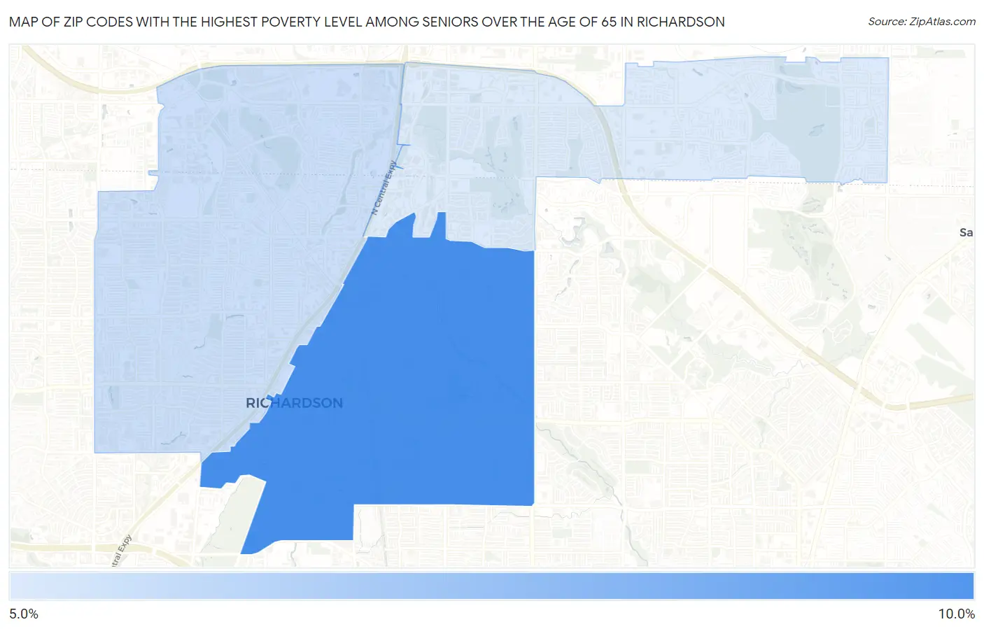 Zip Codes with the Highest Poverty Level Among Seniors Over the Age of 65 in Richardson Map