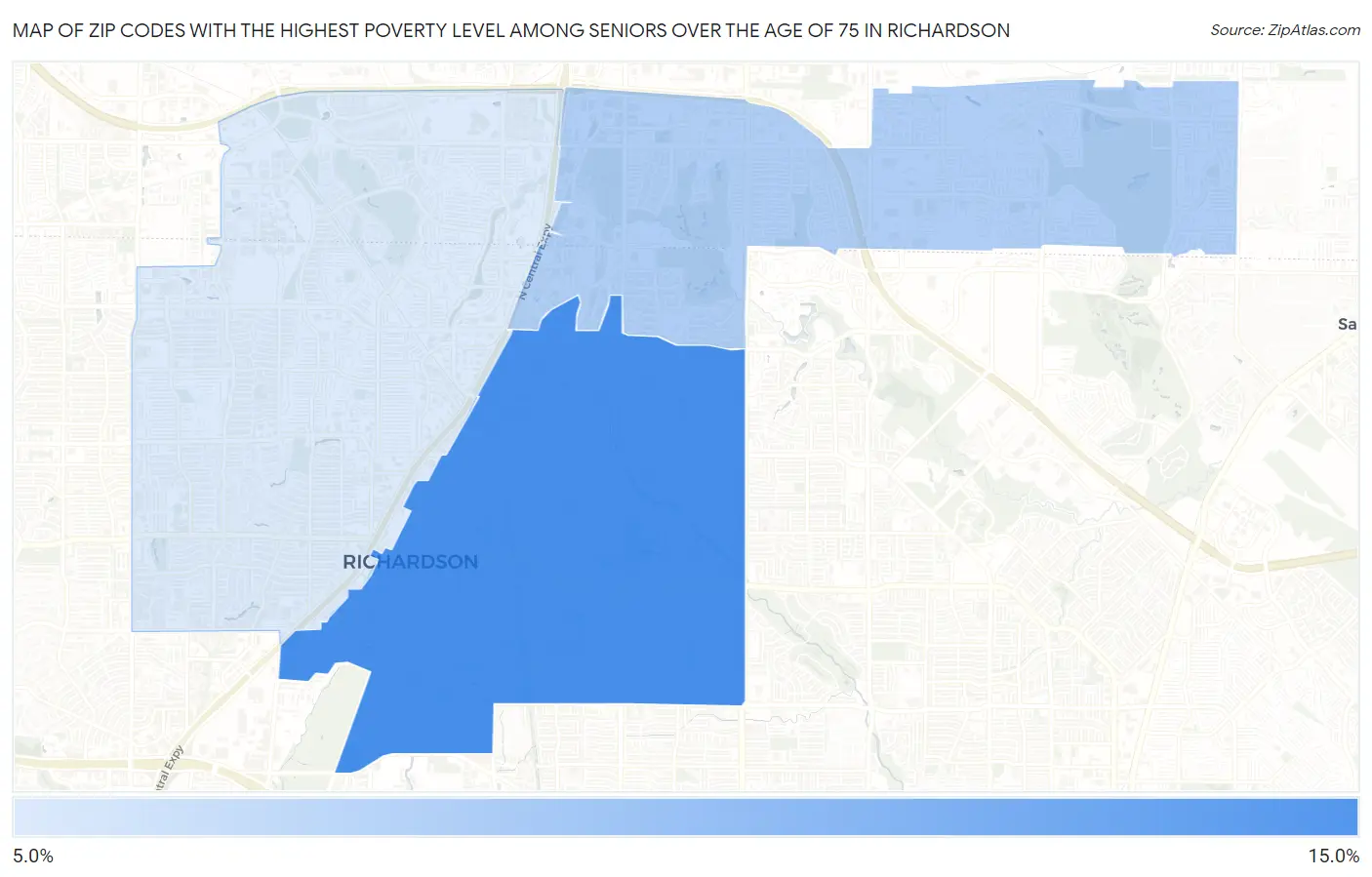 Zip Codes with the Highest Poverty Level Among Seniors Over the Age of 75 in Richardson Map