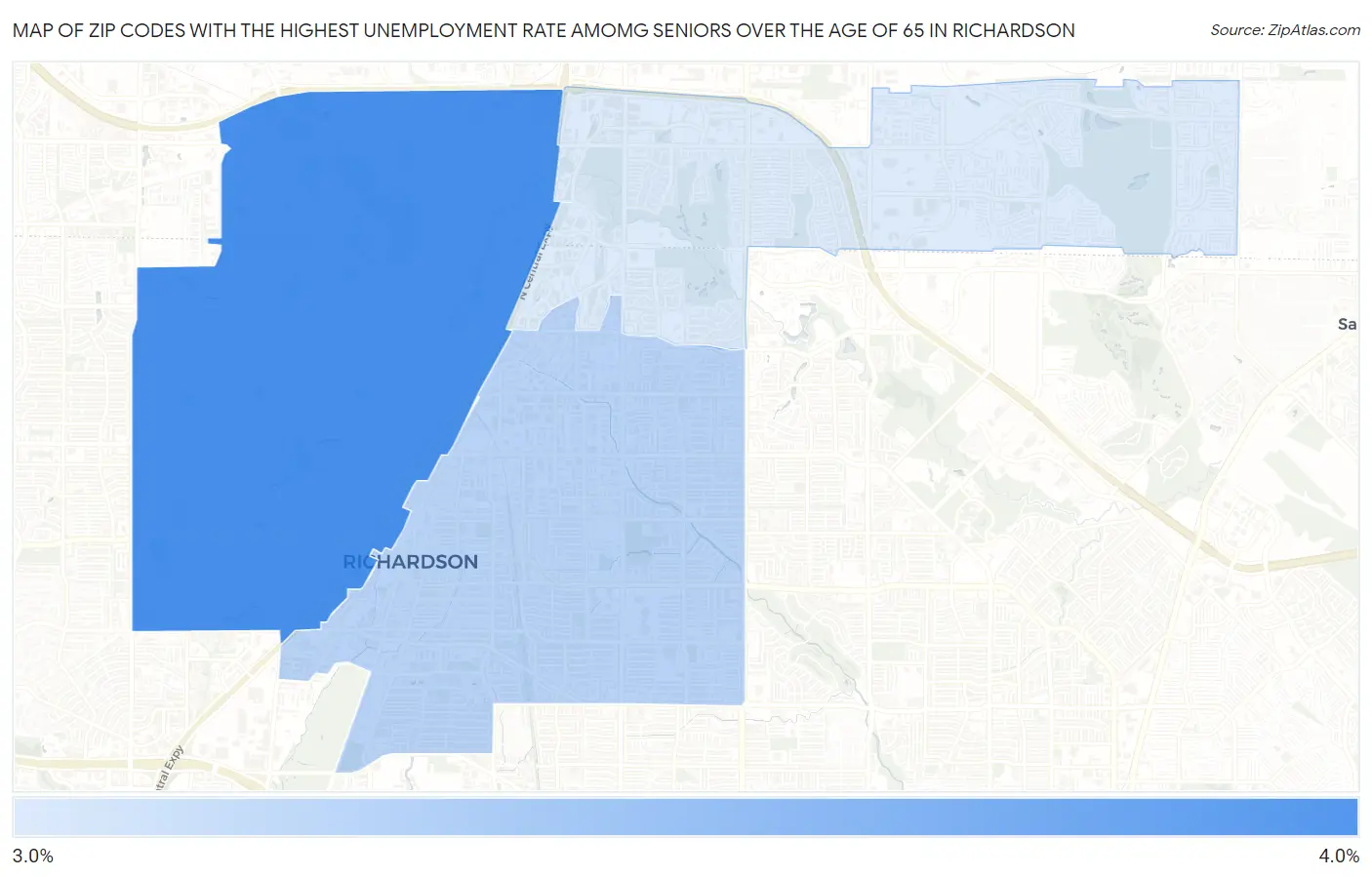 Zip Codes with the Highest Unemployment Rate Amomg Seniors Over the Age of 65 in Richardson Map
