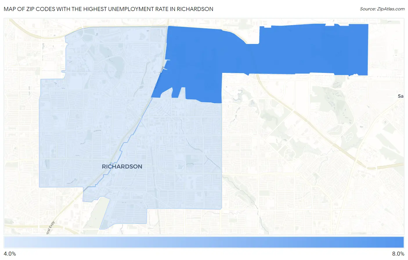 Zip Codes with the Highest Unemployment Rate in Richardson Map