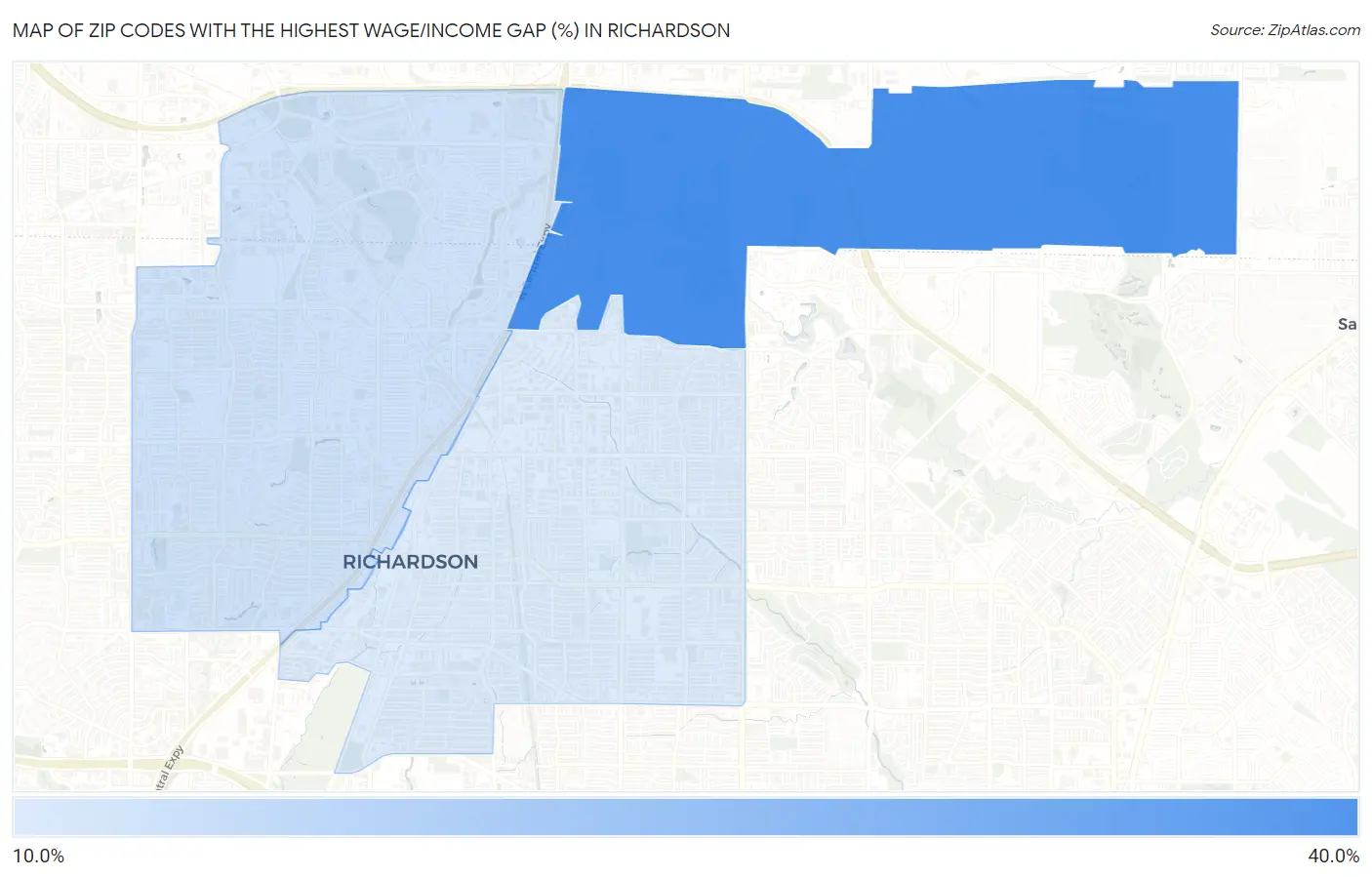 Zip Codes with the Highest Wage/Income Gap (%) in Richardson Map