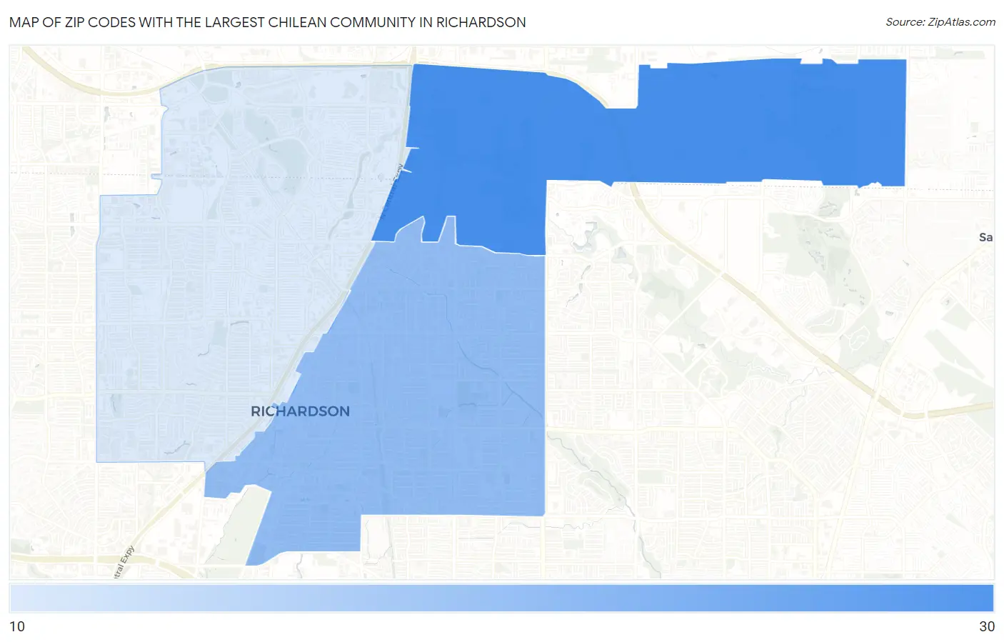 Zip Codes with the Largest Chilean Community in Richardson Map