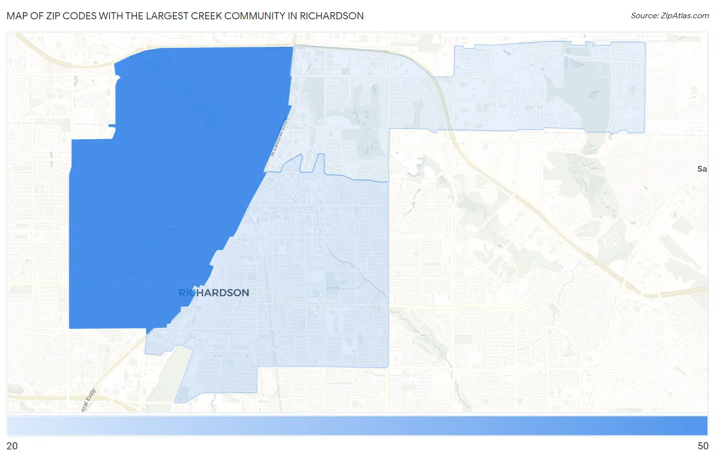 Zip Codes with the Largest Creek Community in Richardson Map