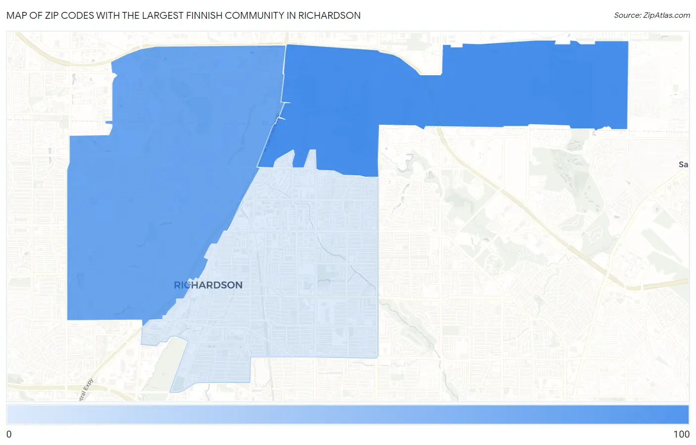 Zip Codes with the Largest Finnish Community in Richardson Map