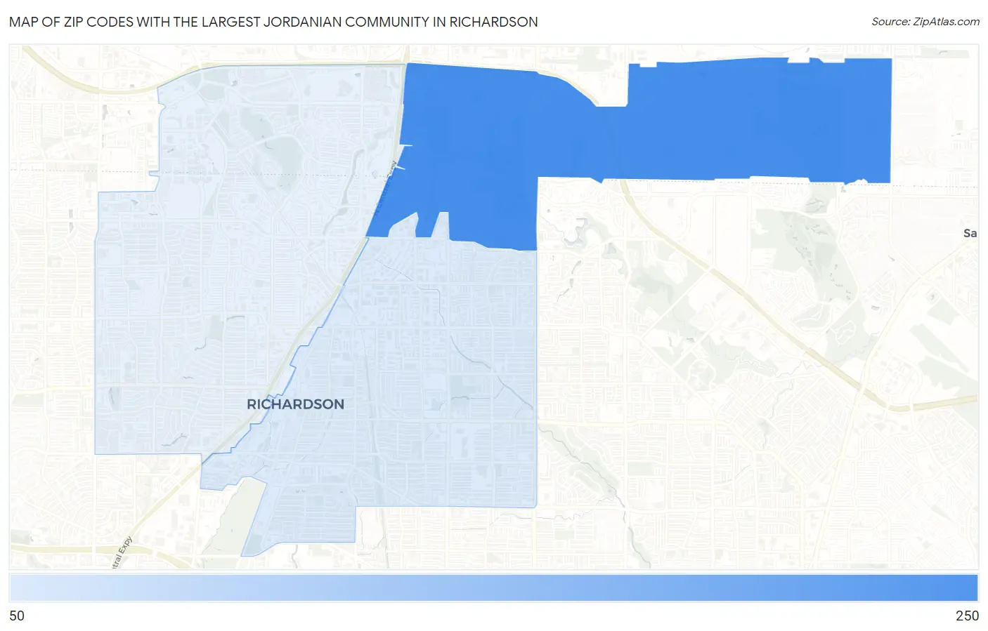 Zip Codes with the Largest Jordanian Community in Richardson Map