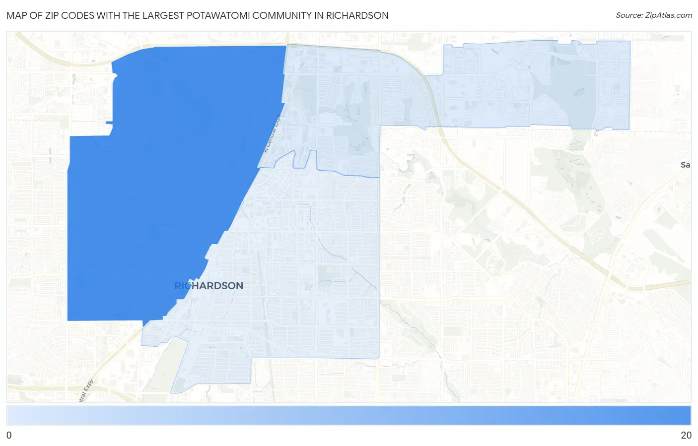 Zip Codes with the Largest Potawatomi Community in Richardson Map