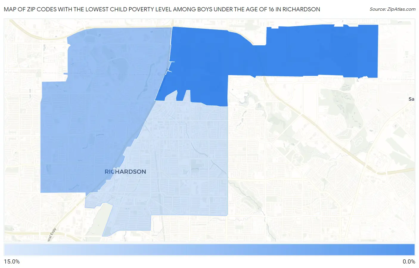 Zip Codes with the Lowest Child Poverty Level Among Boys Under the Age of 16 in Richardson Map