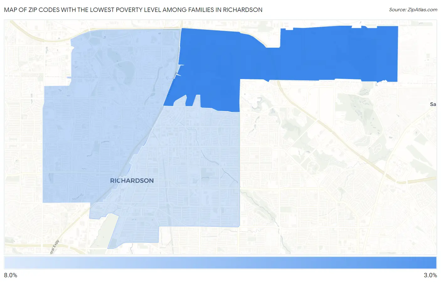 Zip Codes with the Lowest Poverty Level Among Families in Richardson Map