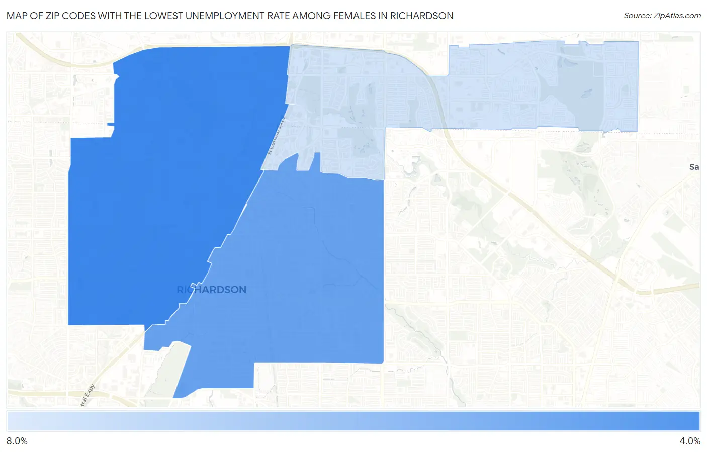 Zip Codes with the Lowest Unemployment Rate Among Females in Richardson Map