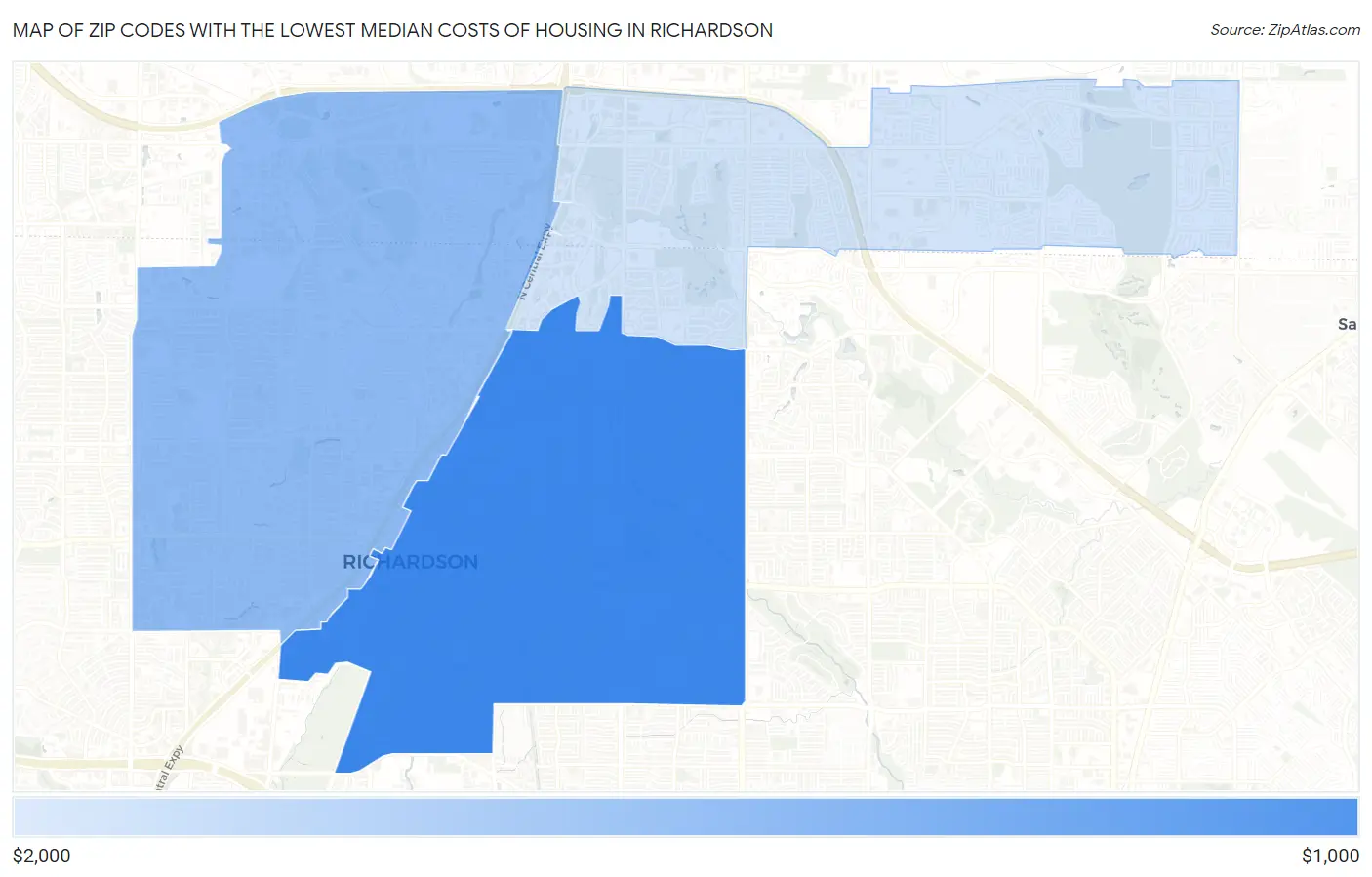Zip Codes with the Lowest Median Costs of Housing in Richardson Map