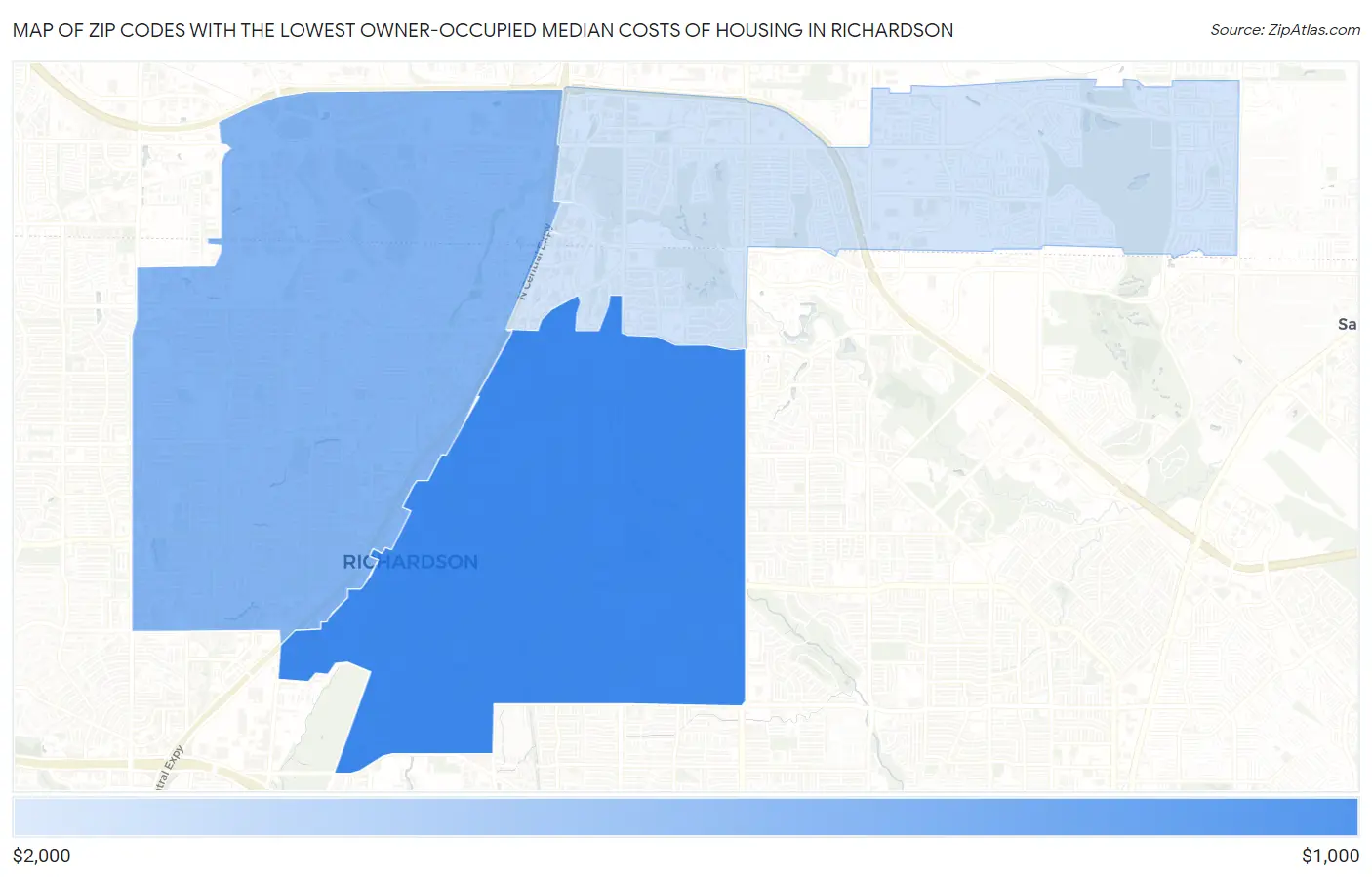Zip Codes with the Lowest Owner-Occupied Median Costs of Housing in Richardson Map