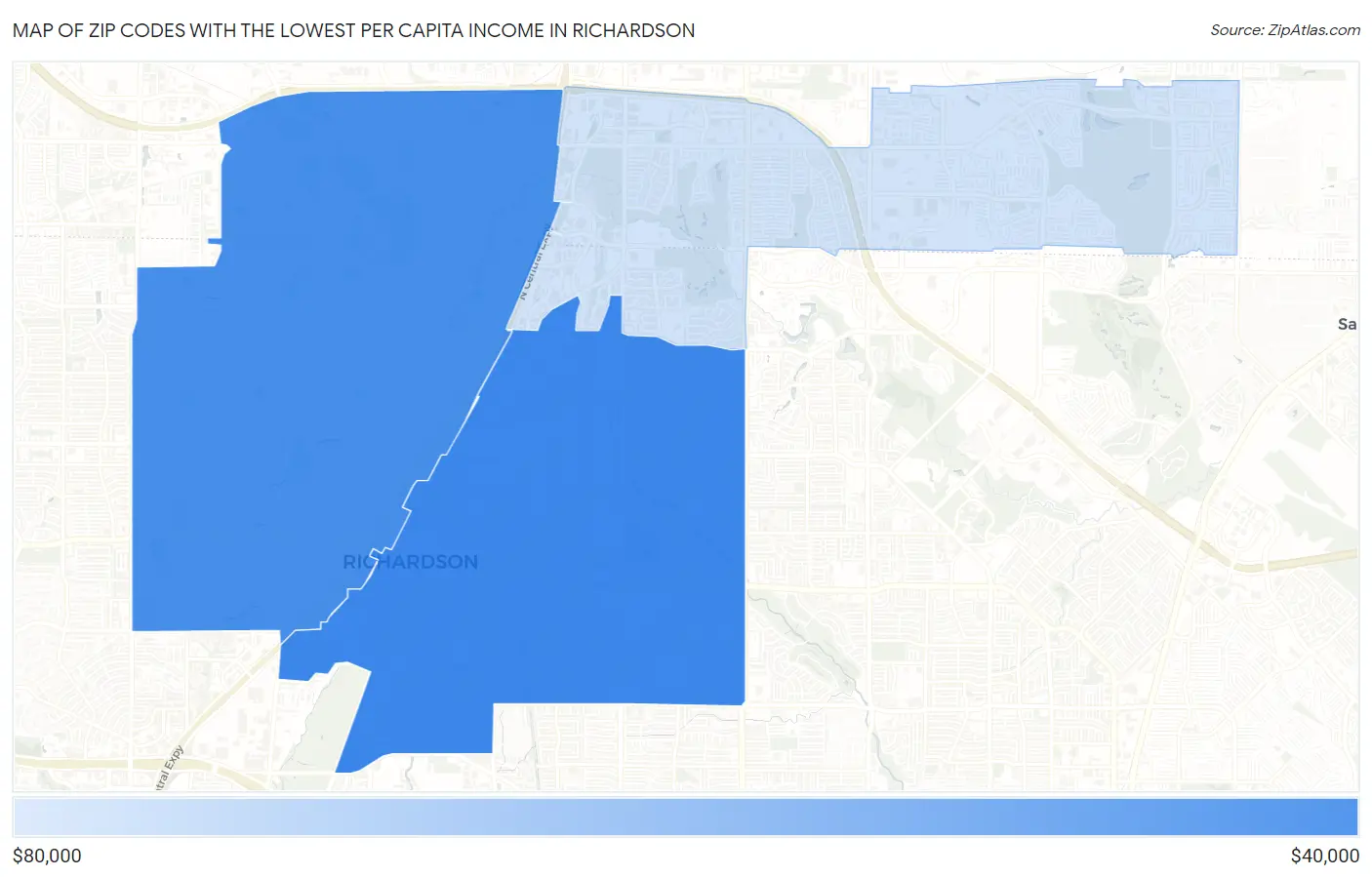 Zip Codes with the Lowest Per Capita Income in Richardson Map