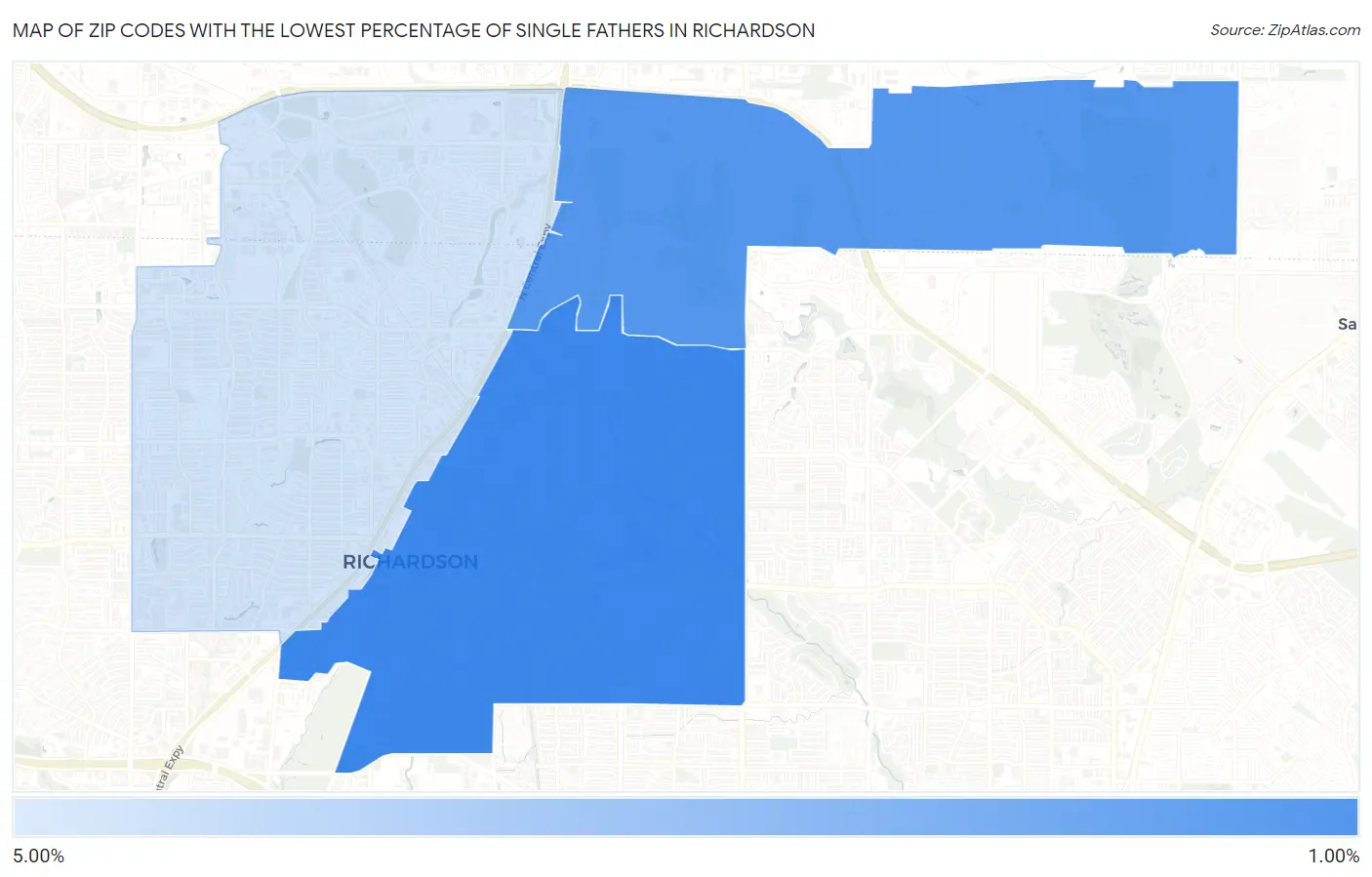 Zip Codes with the Lowest Percentage of Single Fathers in Richardson Map