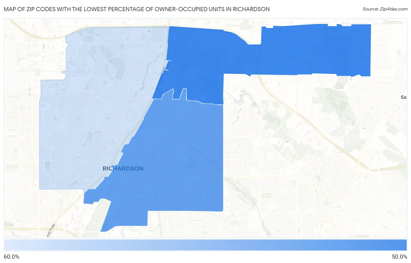 Zip Codes with the Lowest Percentage of Owner-Occupied Units in Richardson Map