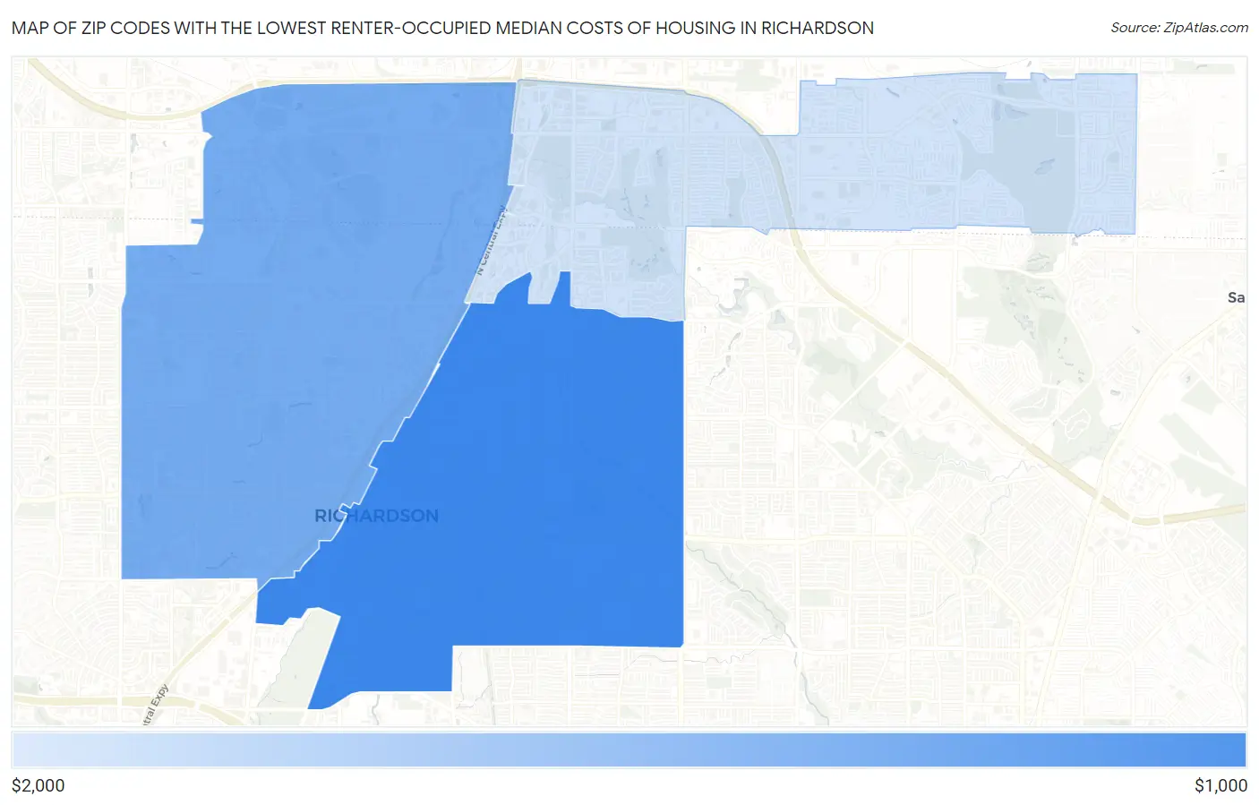 Zip Codes with the Lowest Renter-Occupied Median Costs of Housing in Richardson Map