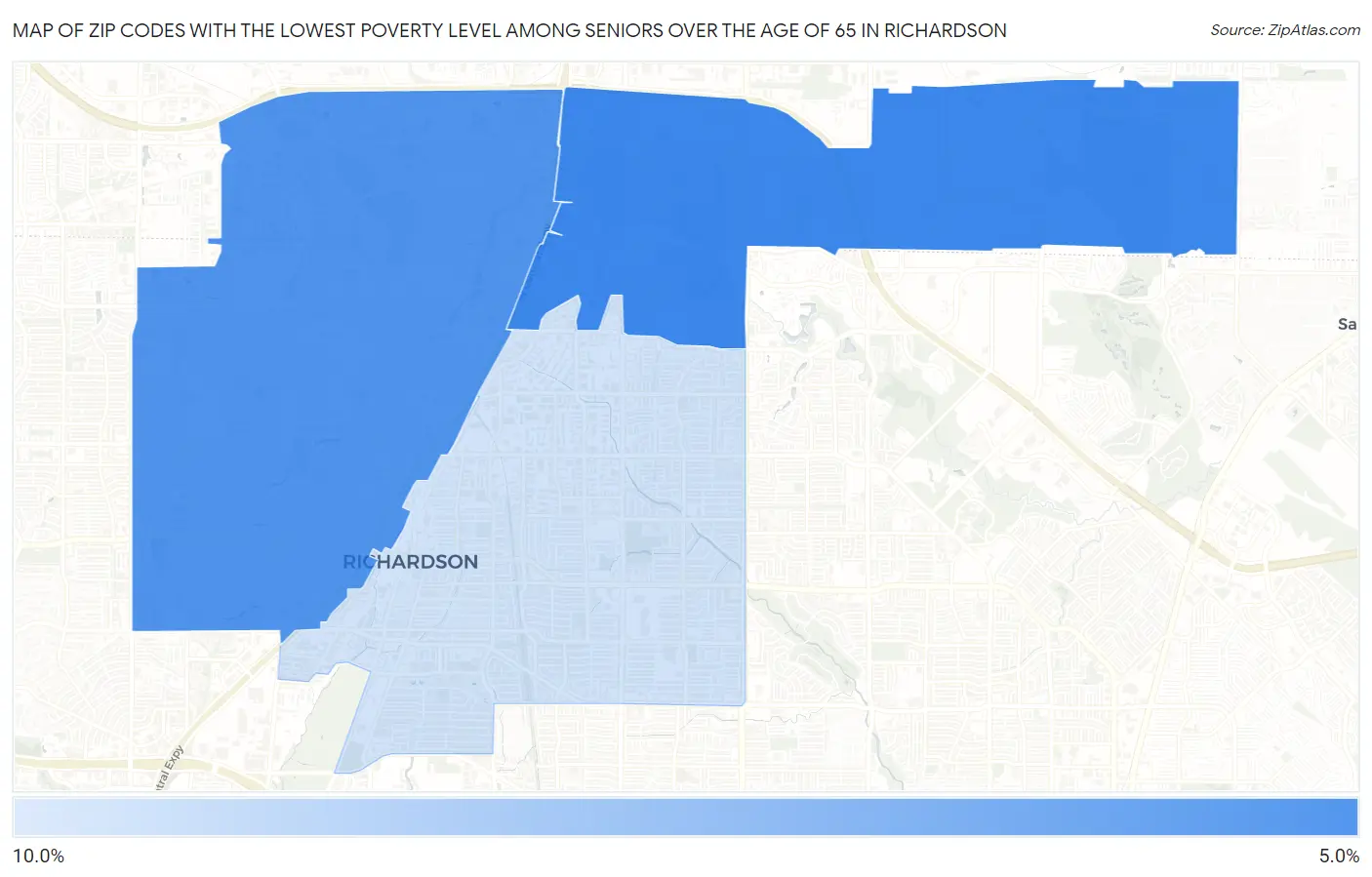 Zip Codes with the Lowest Poverty Level Among Seniors Over the Age of 65 in Richardson Map