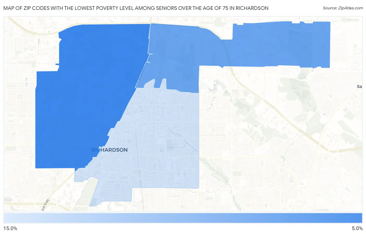 Zip Codes with the Lowest Poverty Level Among Seniors Over the Age of 75 in Richardson Map