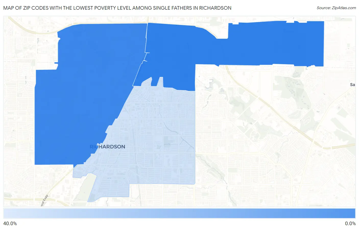 Zip Codes with the Lowest Poverty Level Among Single Fathers in Richardson Map