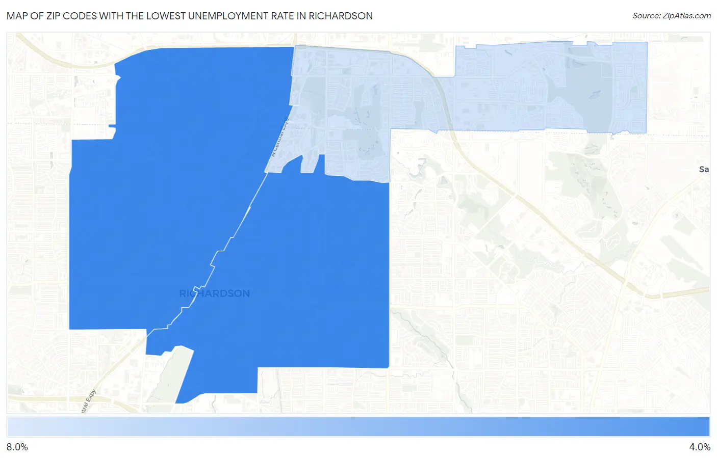 Zip Codes with the Lowest Unemployment Rate in Richardson Map