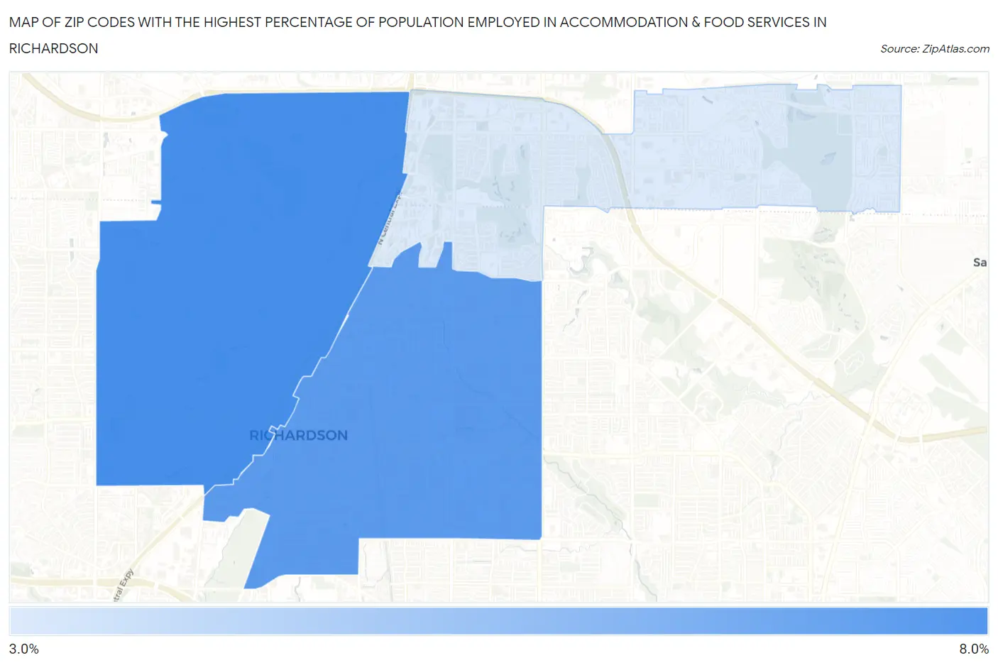 Zip Codes with the Highest Percentage of Population Employed in Accommodation & Food Services in Richardson Map