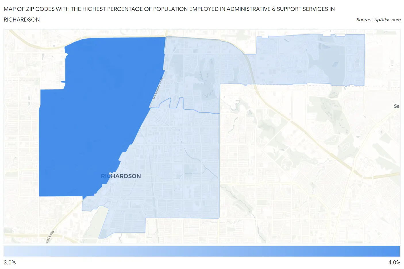 Zip Codes with the Highest Percentage of Population Employed in Administrative & Support Services in Richardson Map