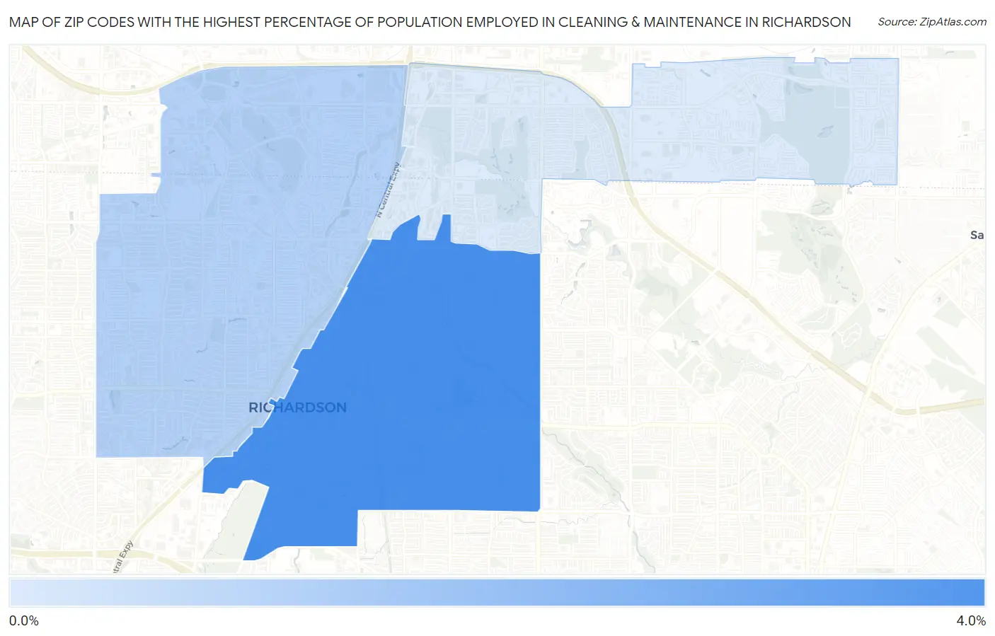 Zip Codes with the Highest Percentage of Population Employed in Cleaning & Maintenance in Richardson Map