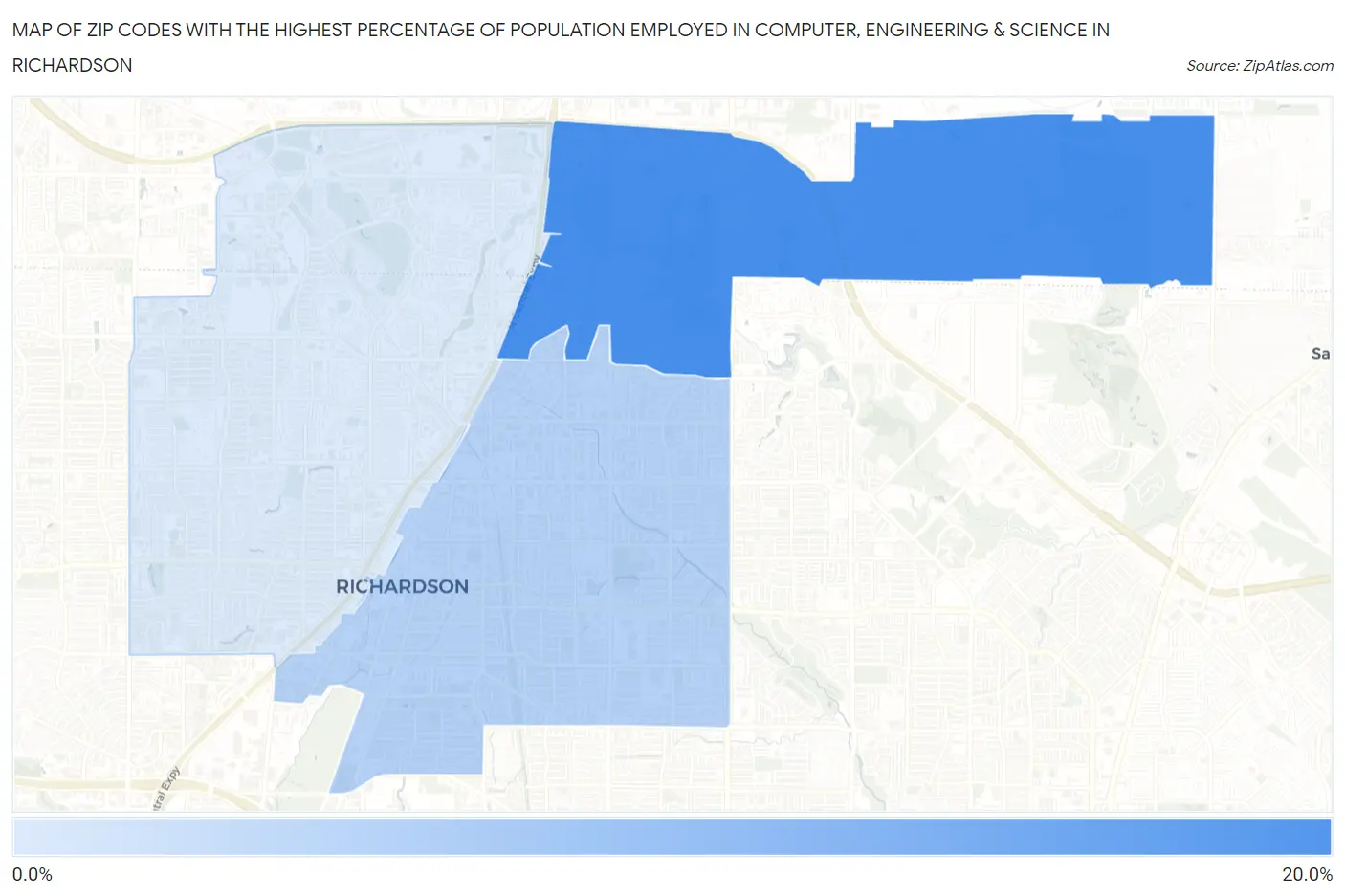 Zip Codes with the Highest Percentage of Population Employed in Computer, Engineering & Science in Richardson Map