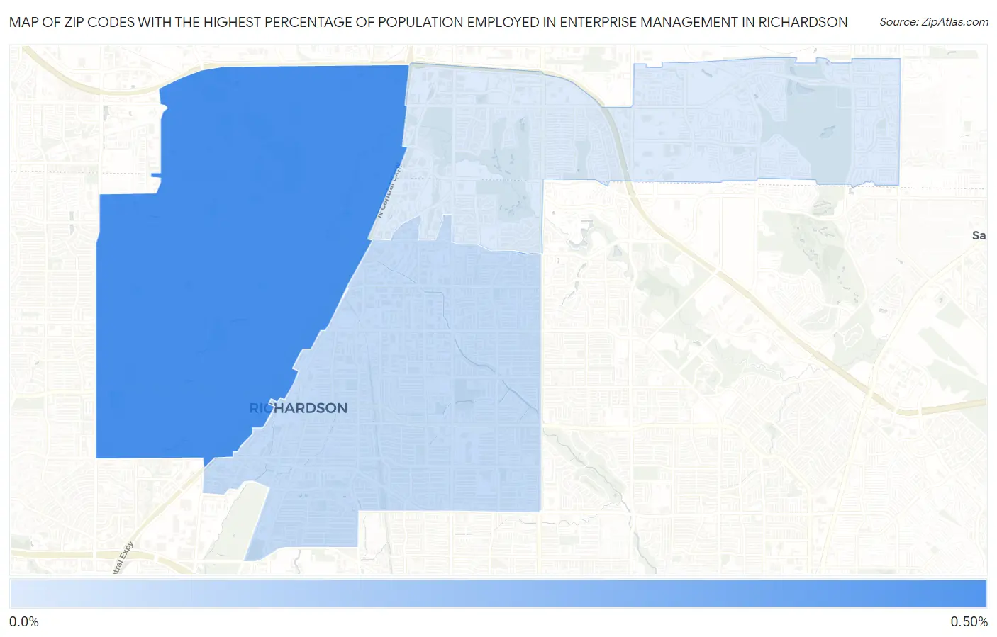 Zip Codes with the Highest Percentage of Population Employed in Enterprise Management in Richardson Map