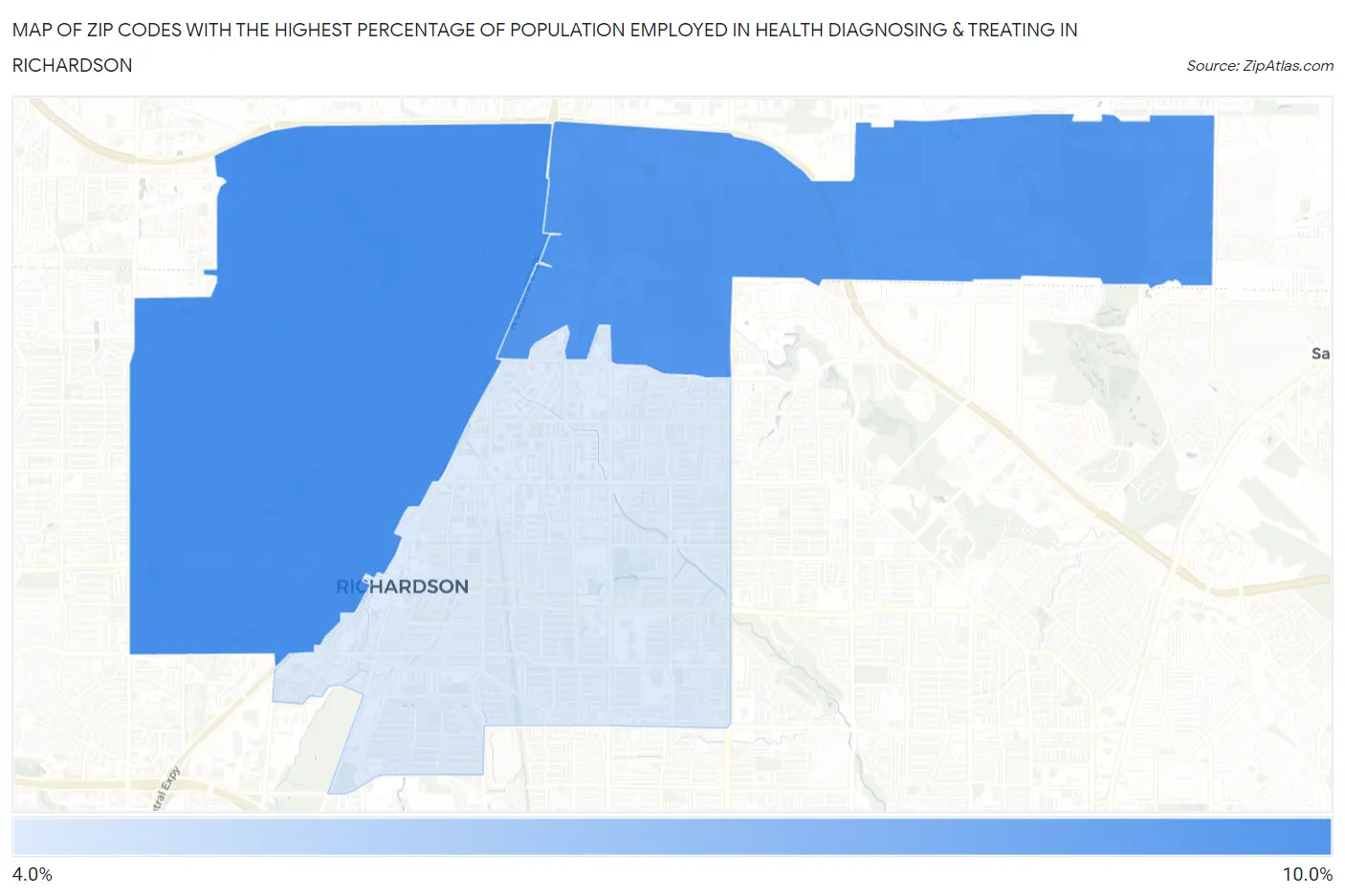 Zip Codes with the Highest Percentage of Population Employed in Health Diagnosing & Treating in Richardson Map